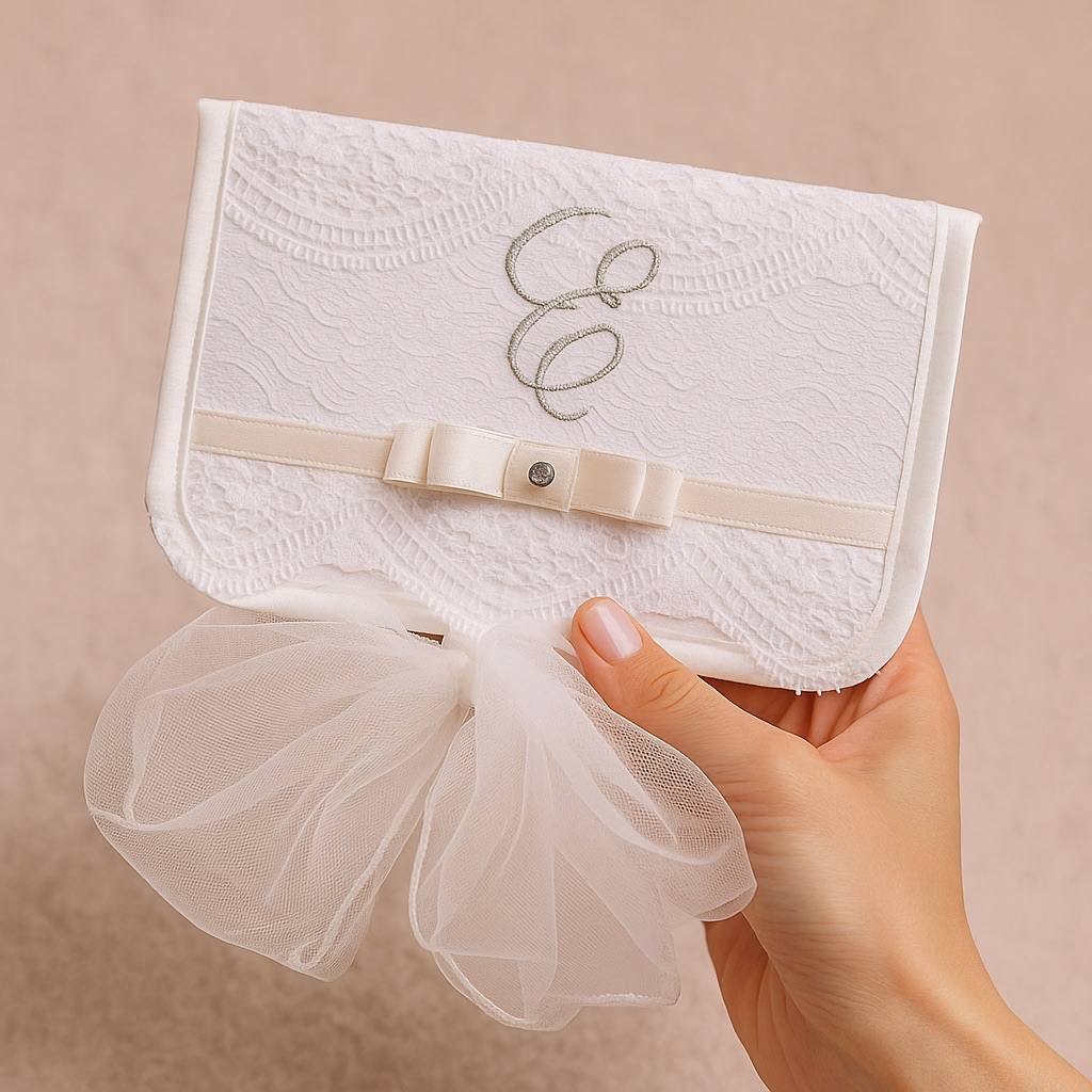 A hand holding a white lace clutch purse with a cream satin ribbon bow and a large tulle bow, featuring a silver embroidered monogram on a soft beige background.