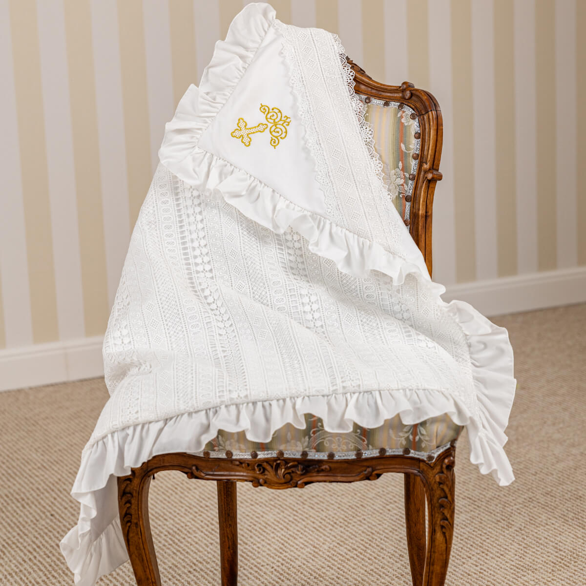 White embroidered christening blanket in cotton