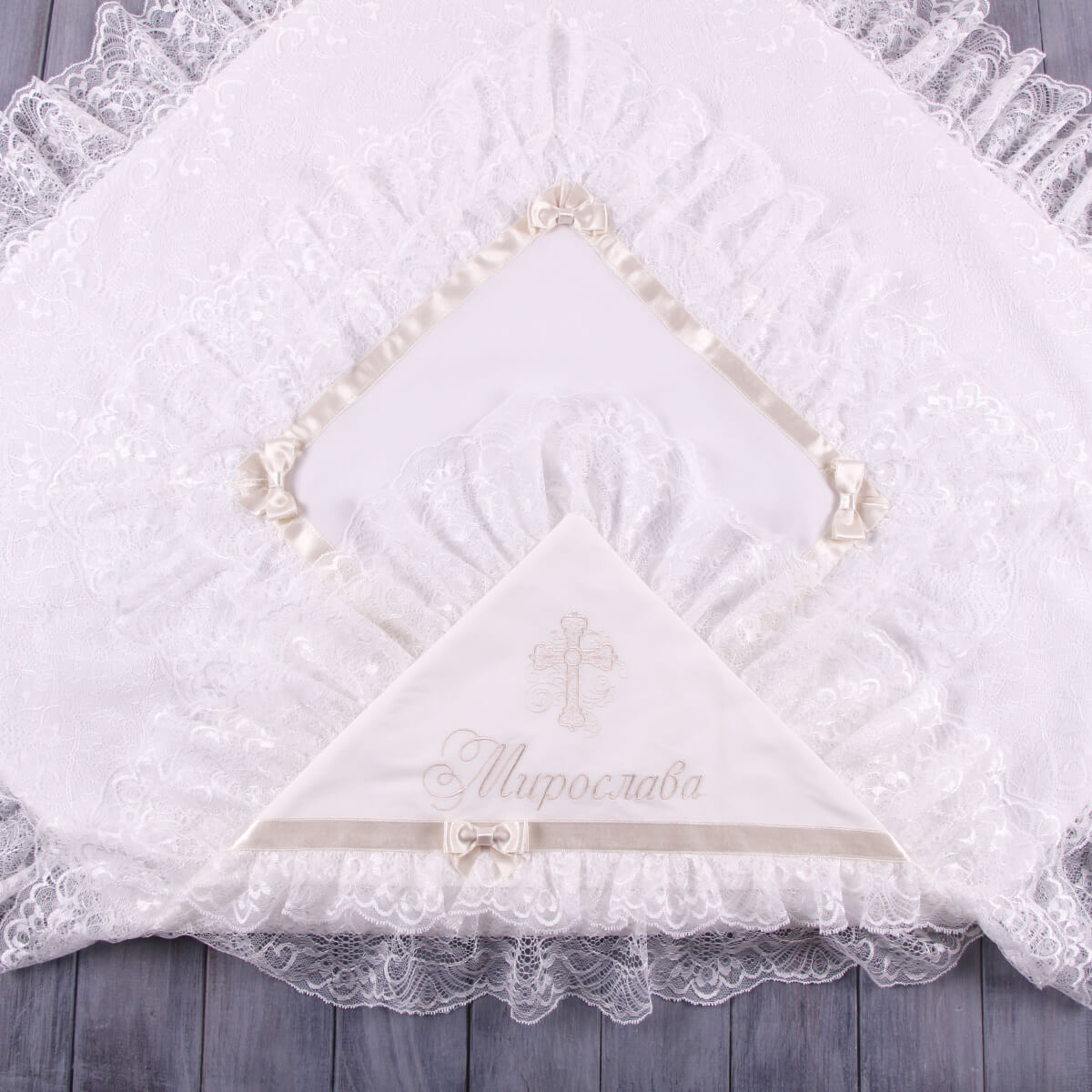 White lace baby blanket with embroidered name