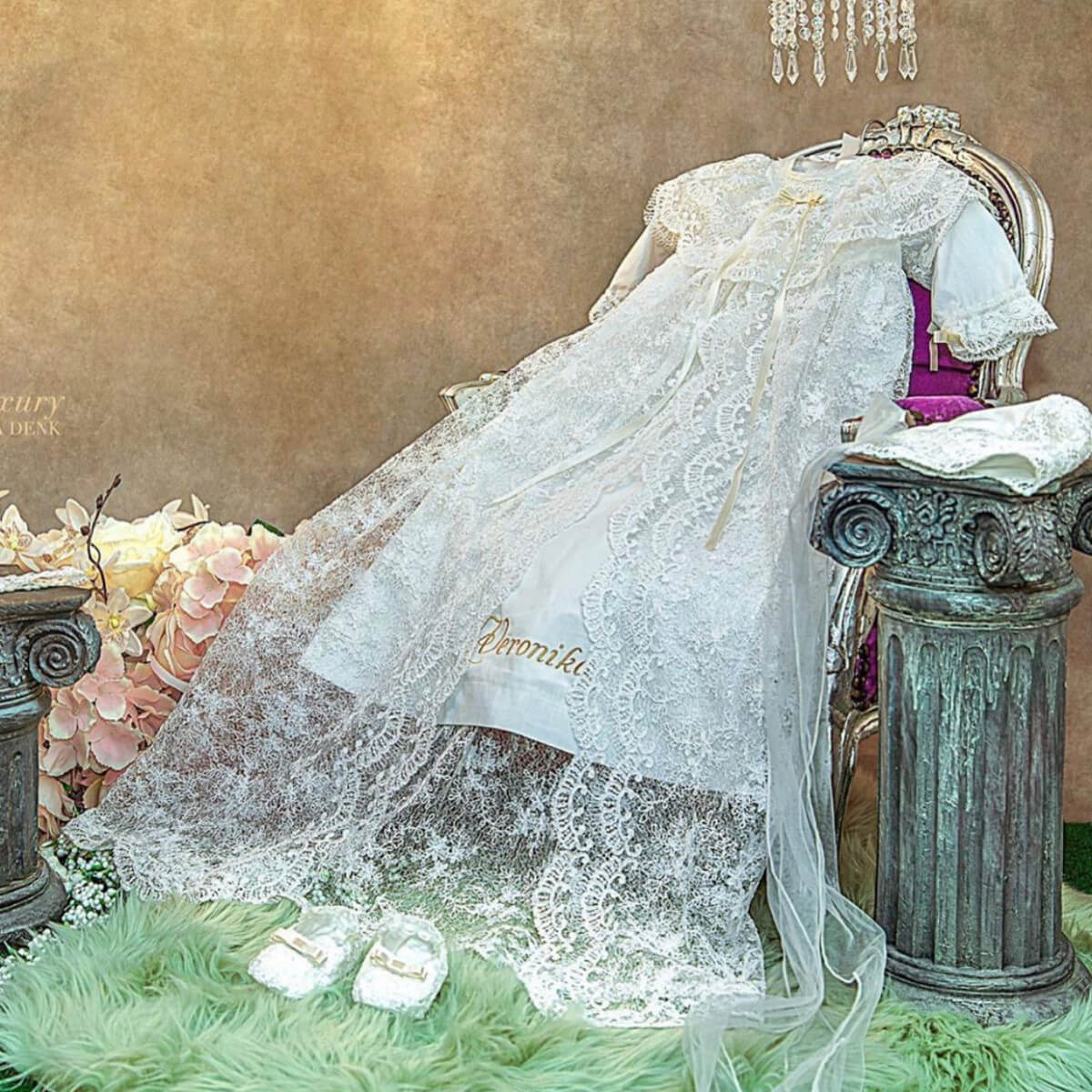 Elegant white lace christening gown