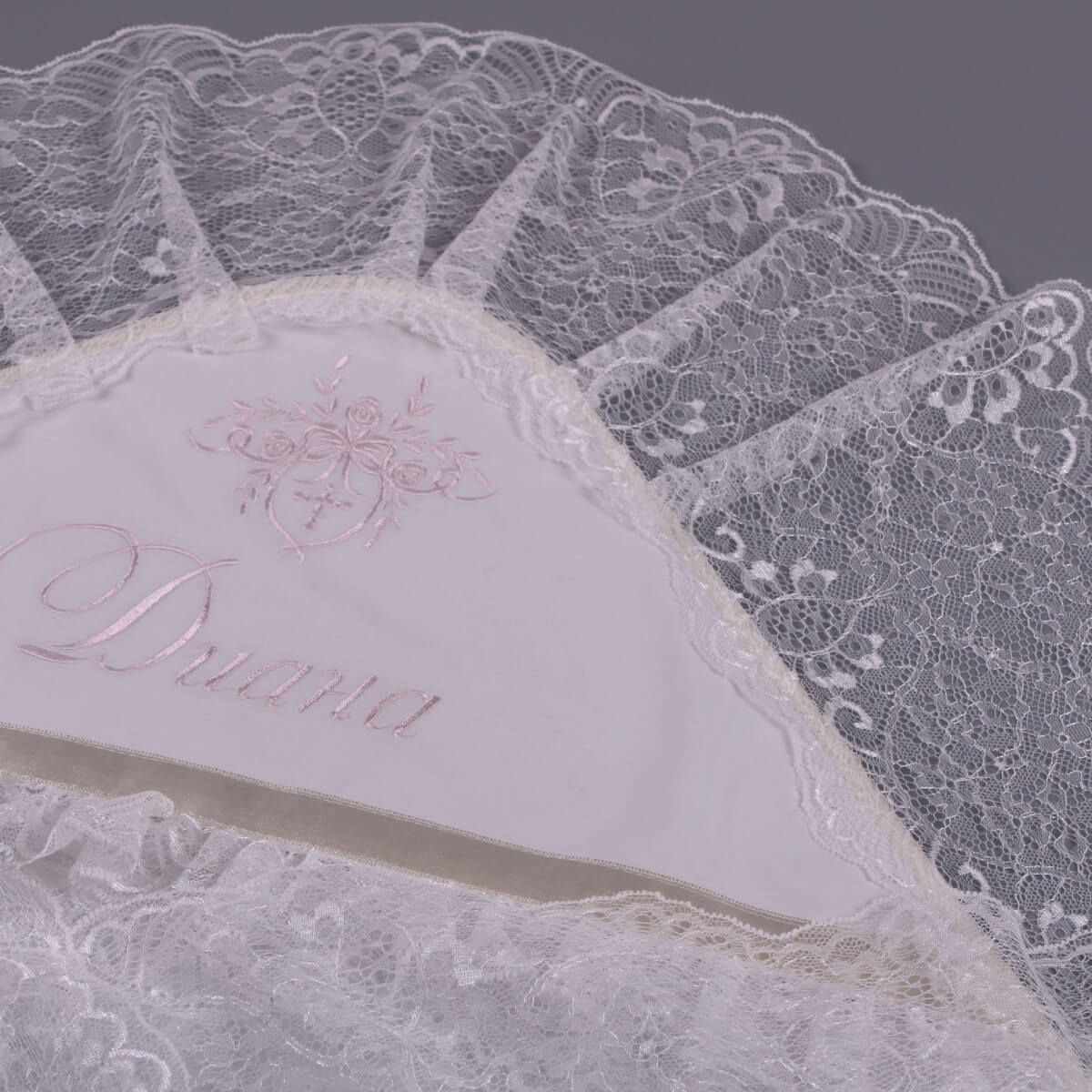 Close-up of a Lace baptism blanket with intricate patterns and embroidered text on a gray background.
