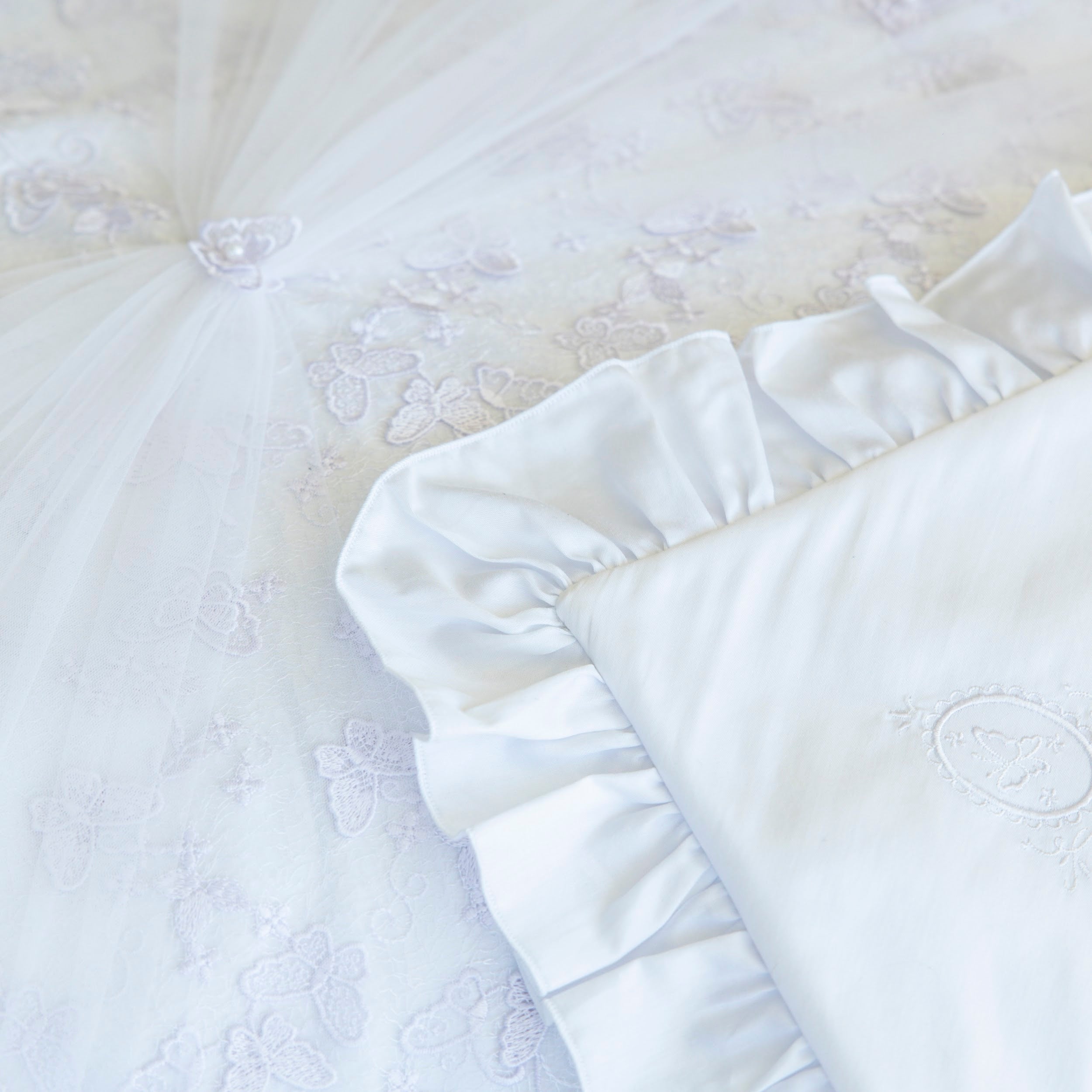 White textured christening blanket with a ruffled edge and embroidered design on a white background