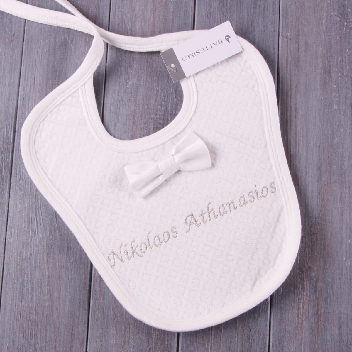 Baby Boy Bib – Ivory Quilted Cotton with Bow & Name - OLIVER