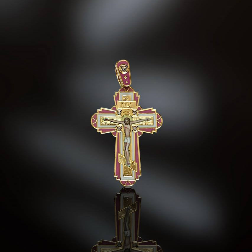 Decorative cross with religious figure on a dark background
