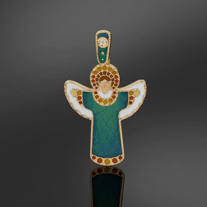 Jewelry pendant with angel design on a reflective surface
