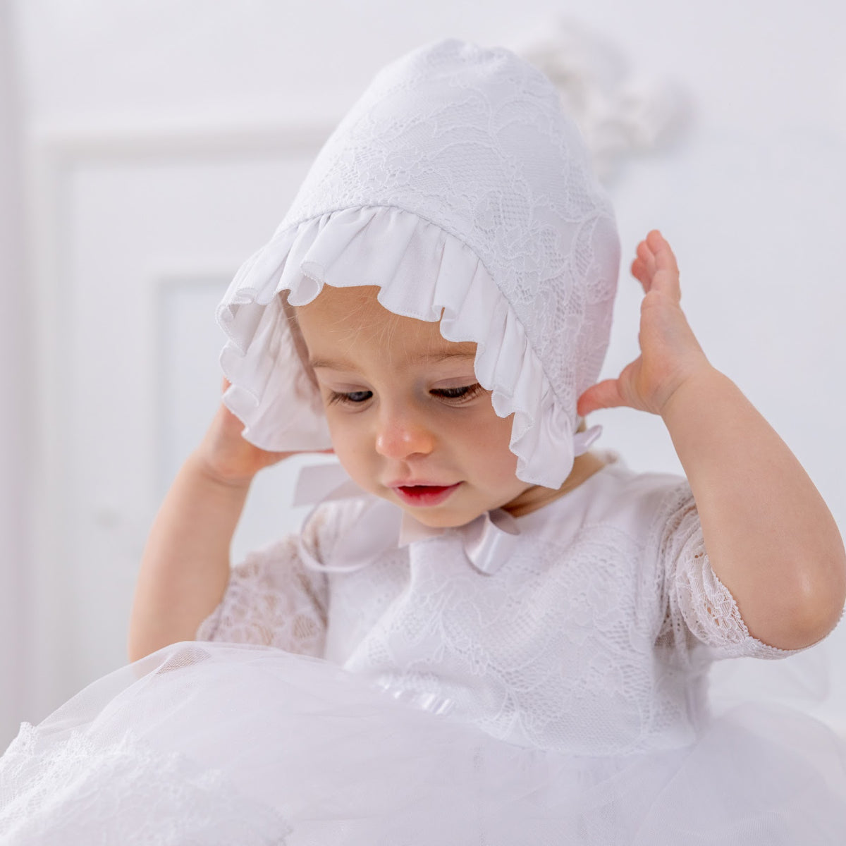 Christening Bonnet with lace details  in white 