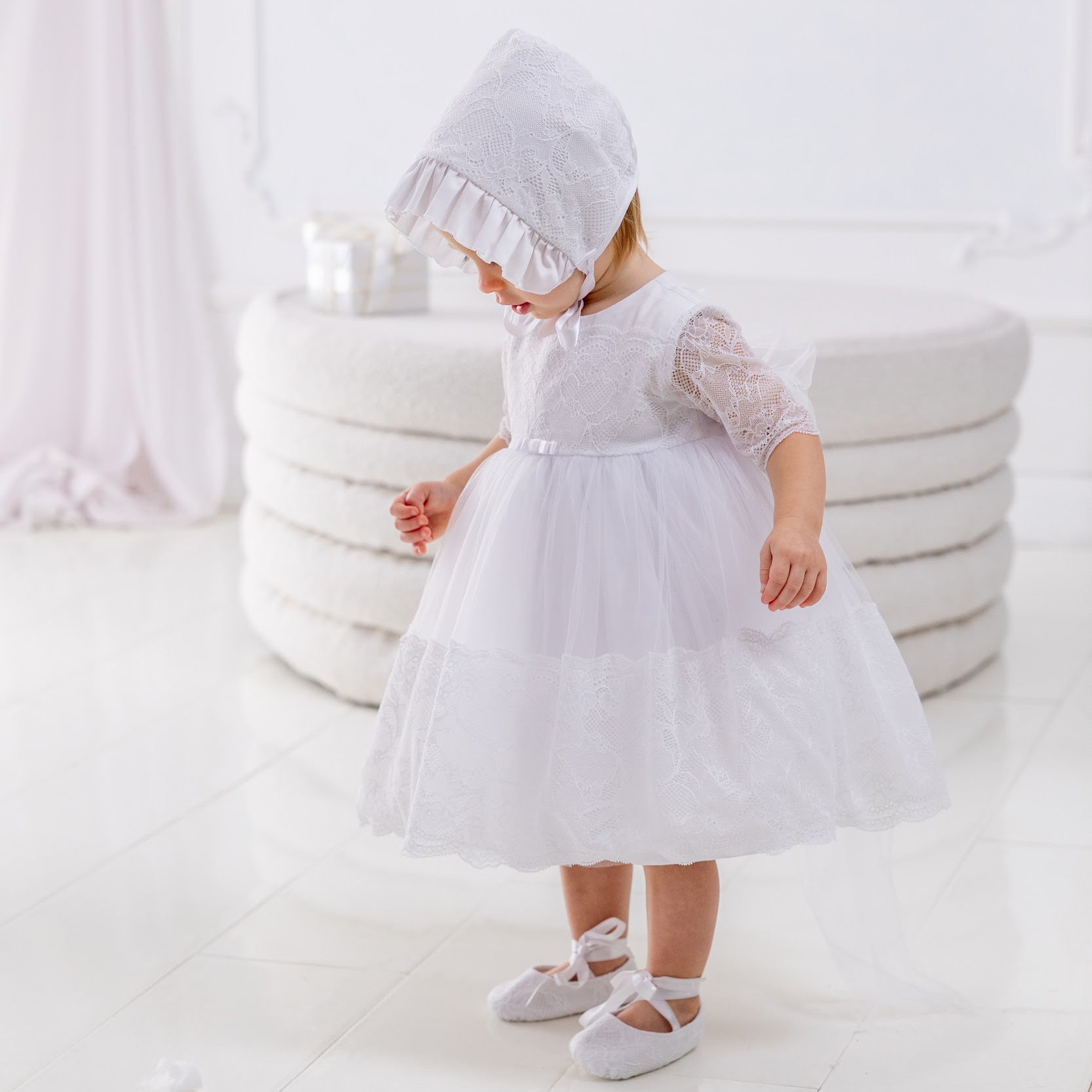 Christening Bonnet with lace details and ruffles