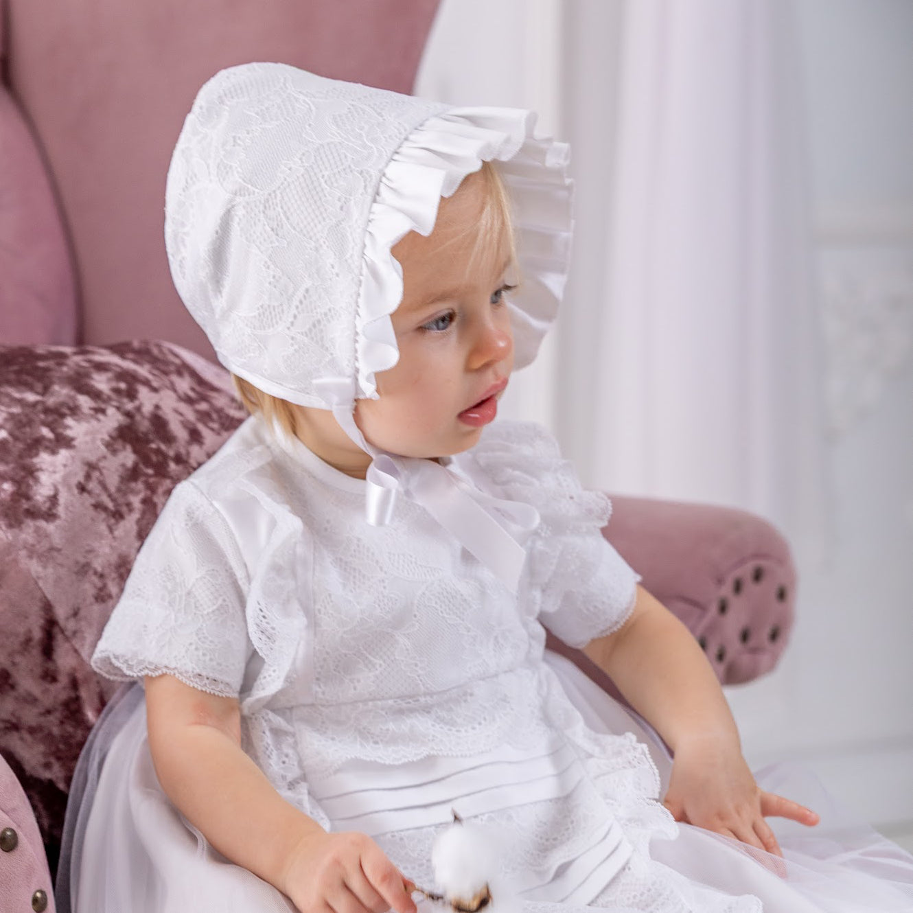 Christening Bonnet with lace details in baptism gown