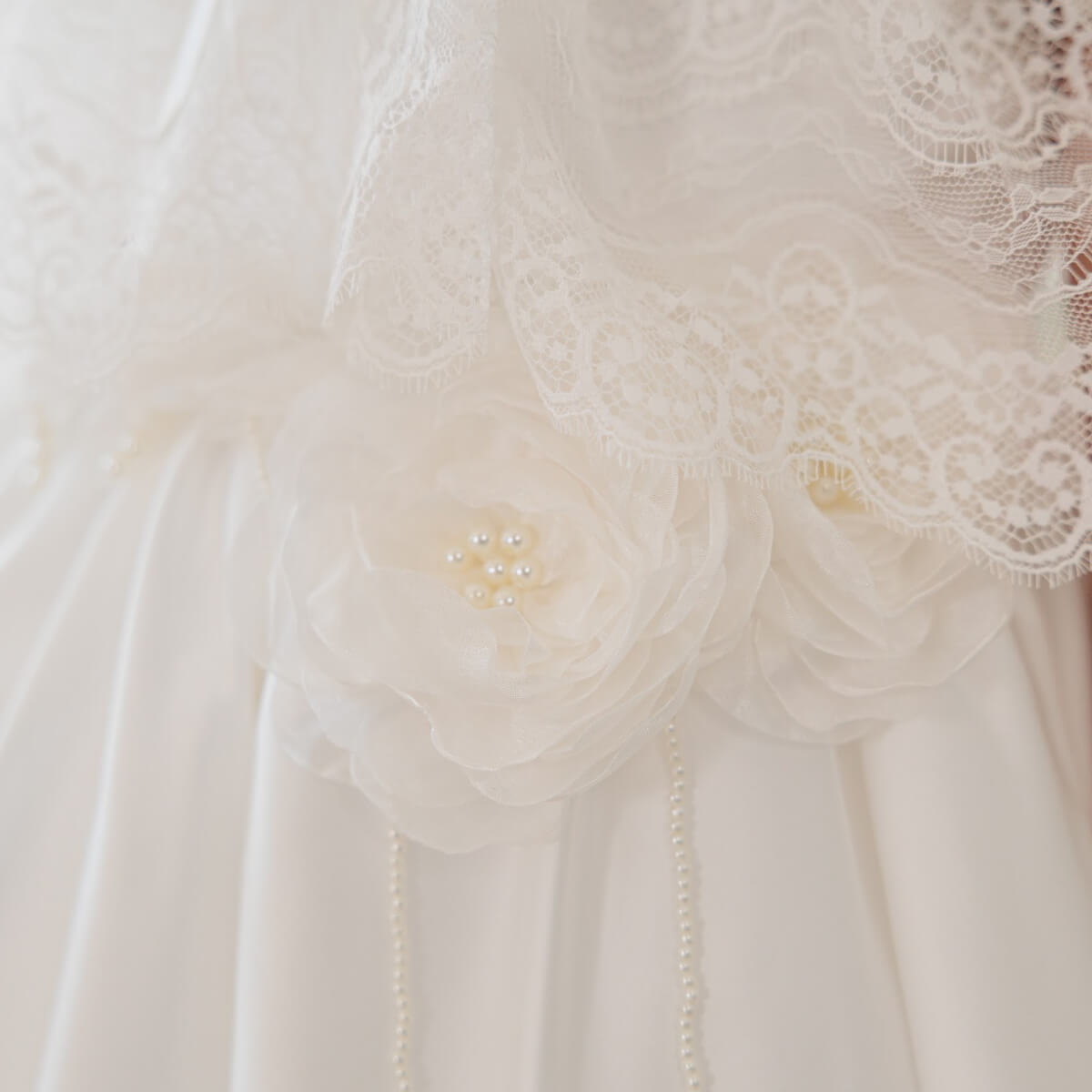 Close-up of a white lace garment with floral details and pearl embellishments.