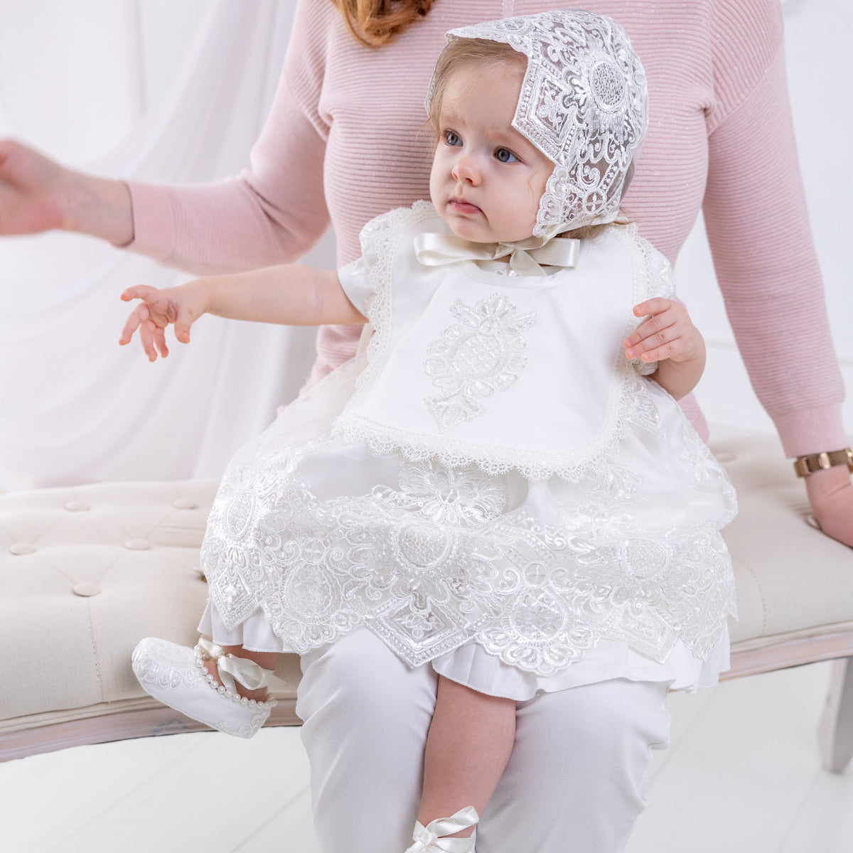Scarlett Lace Christening Dress only. Crafted with macramé lace and fully lined with cotton.Designed as a ceremonial dress for baptism and christening.