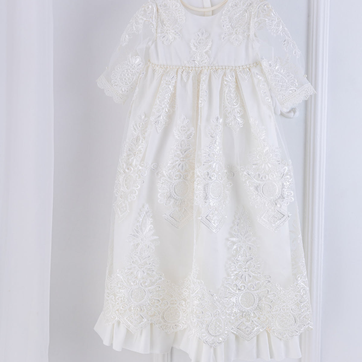 Long Lace Christening Gown for Girls on a white background