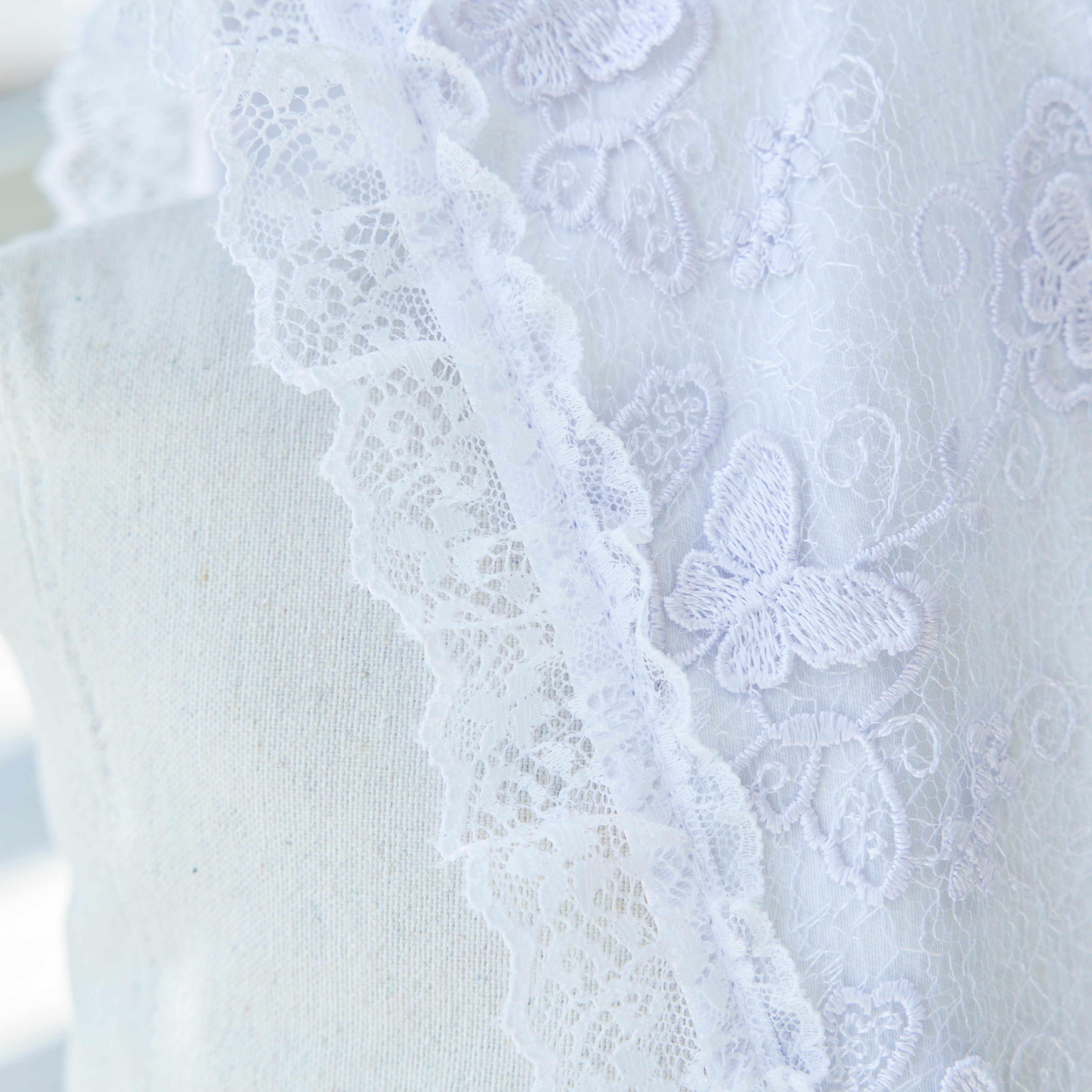 Close-up of a white lace garment with floral patterns.