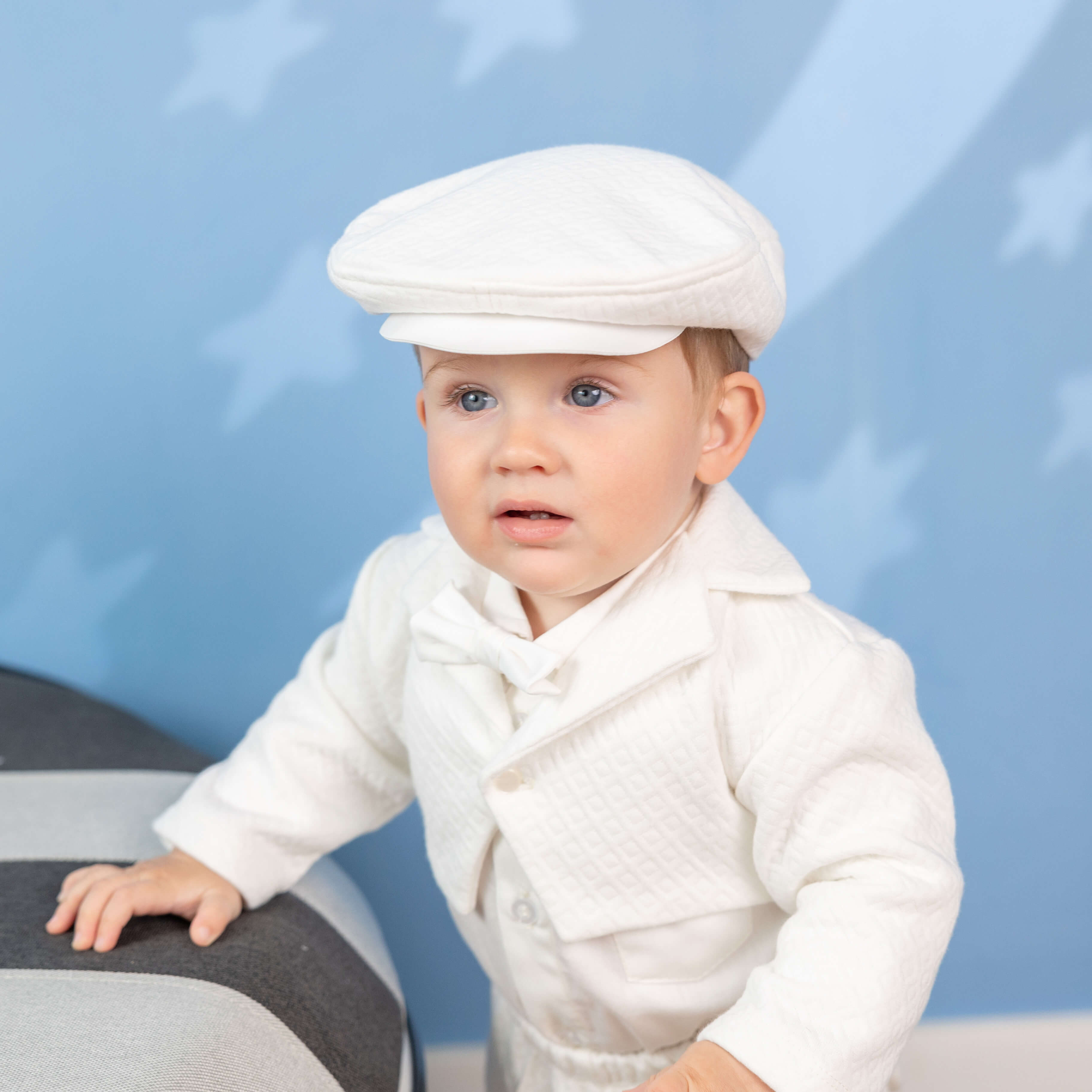 Baby Newsboy Cap – Ivory Quilted Cotton with Embroidery - OLIVER