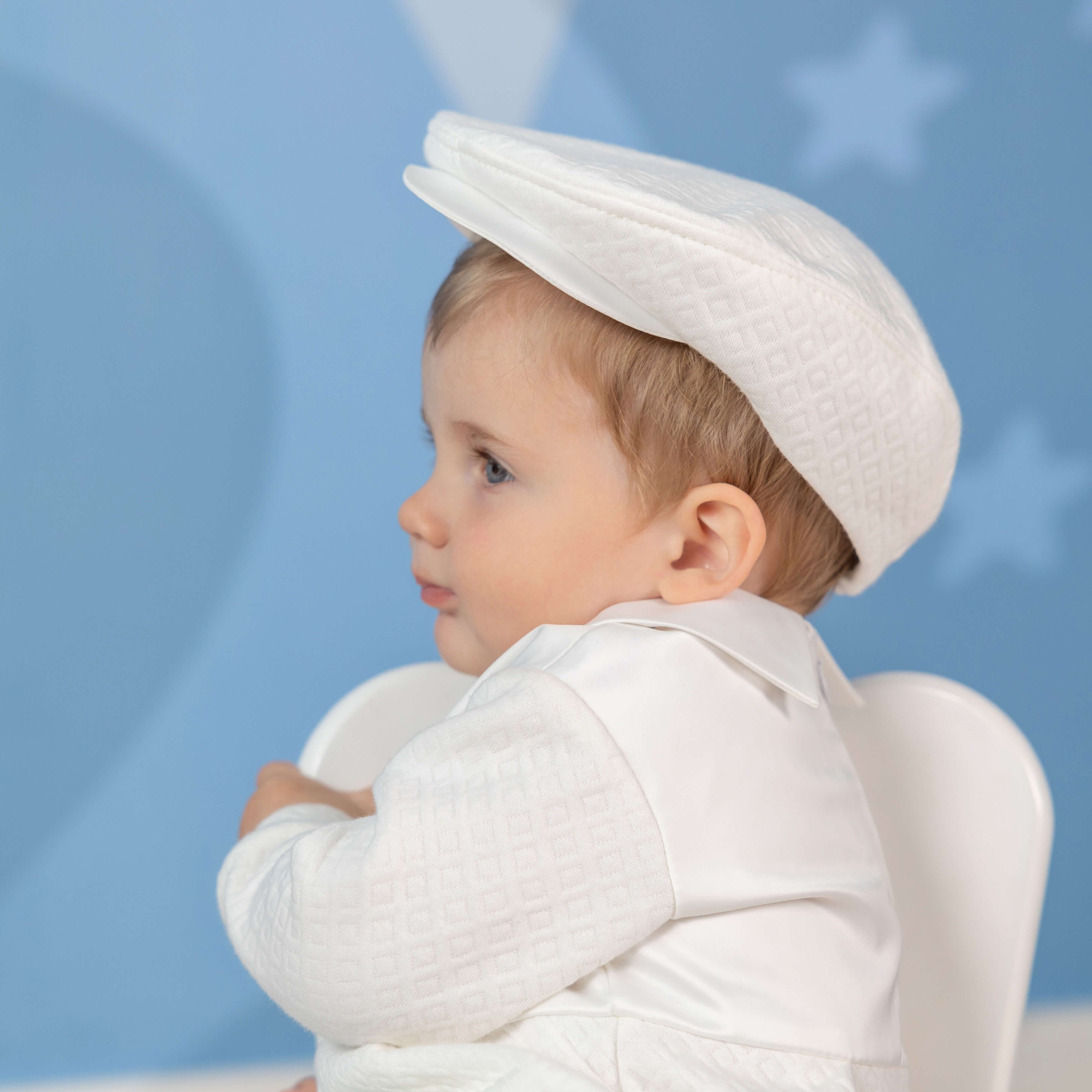 Baby Newsboy Cap – Ivory Quilted Cotton with Embroidery - OLIVER
