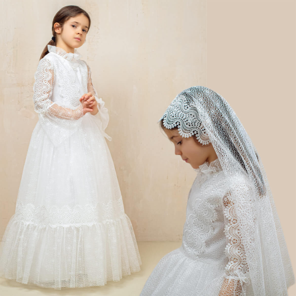 AMELIA Lace Tulle First Communion Dress | Ivory Cotton | Battesimo