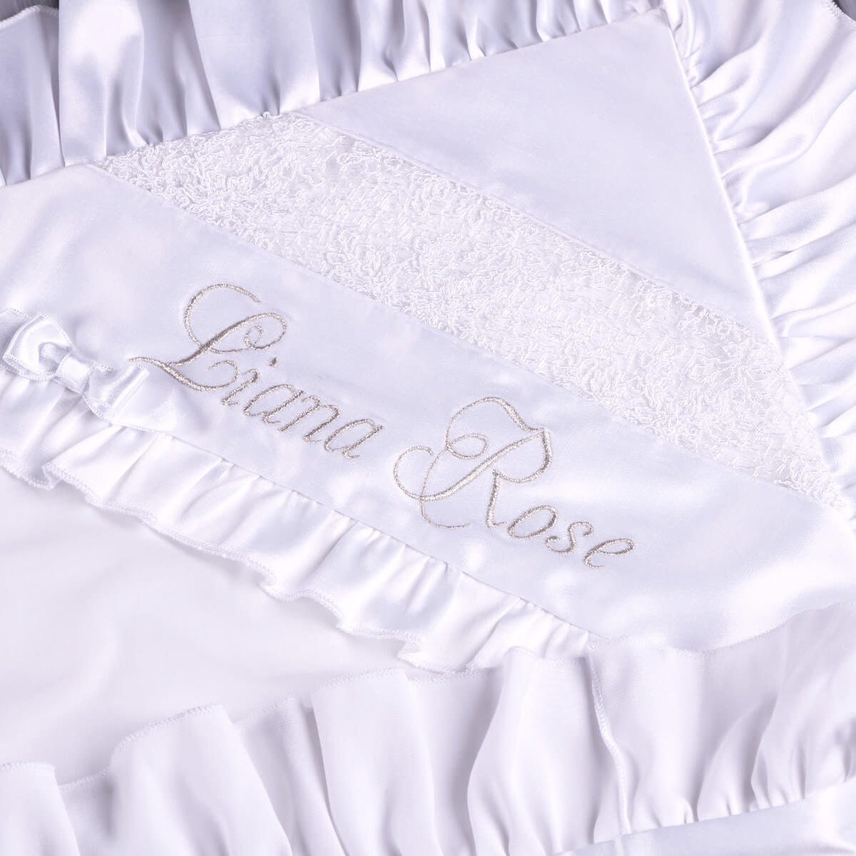 White embroidered Baptism Blanket in Silk on a white background