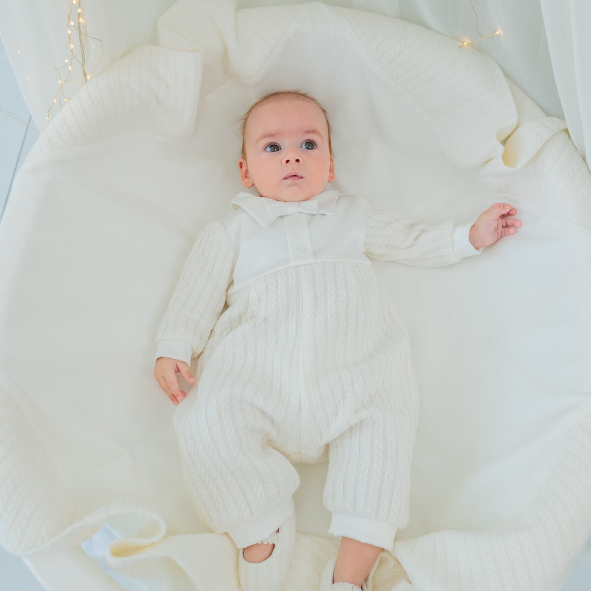 Ivory Knitted Boy Jumpsuit – Christening Outfit with Bow - AUSTIN