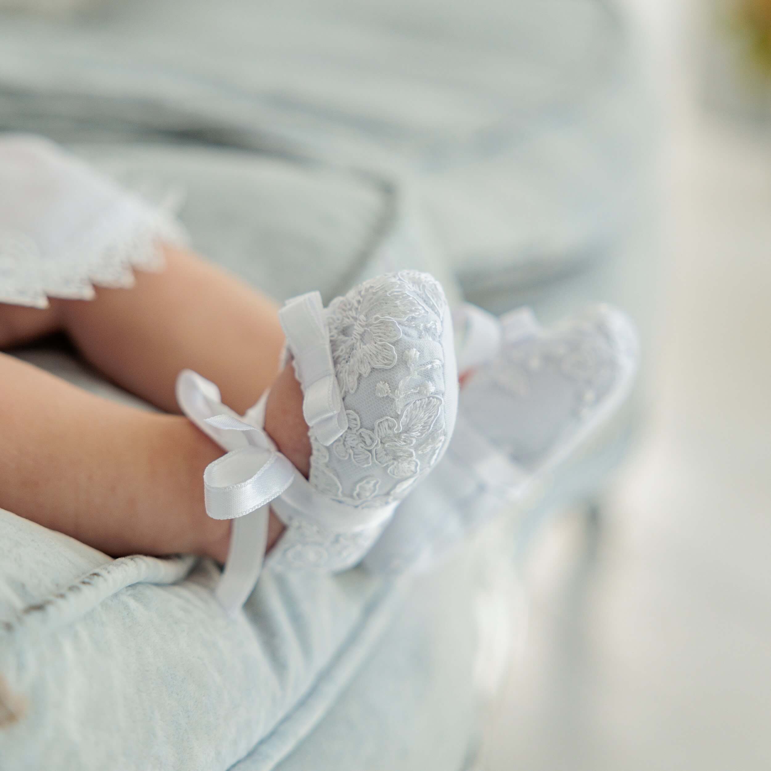 AURORA Baptism Booties – Lace with Silk Ties