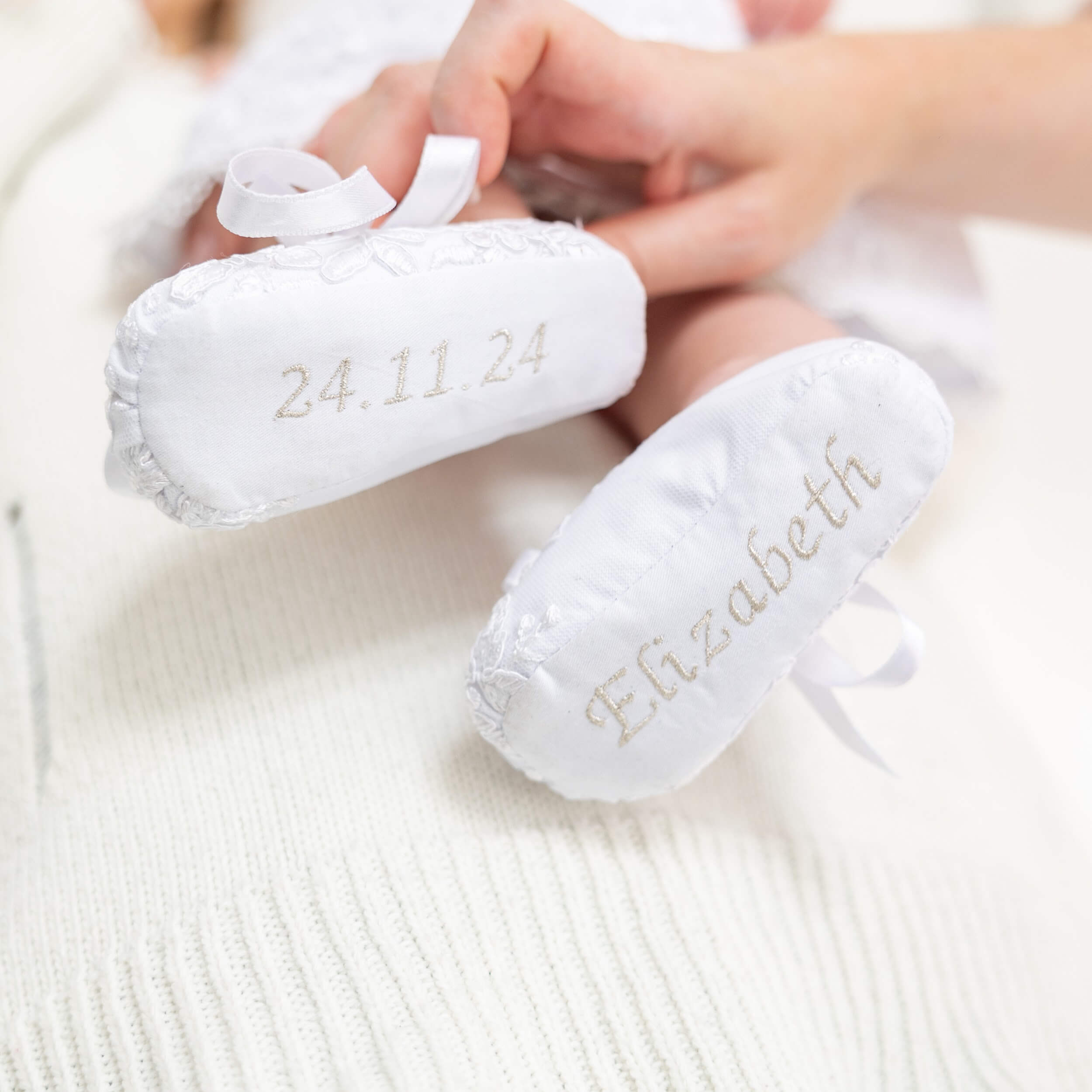AURORA Baptism Booties – Lace with Silk Ties