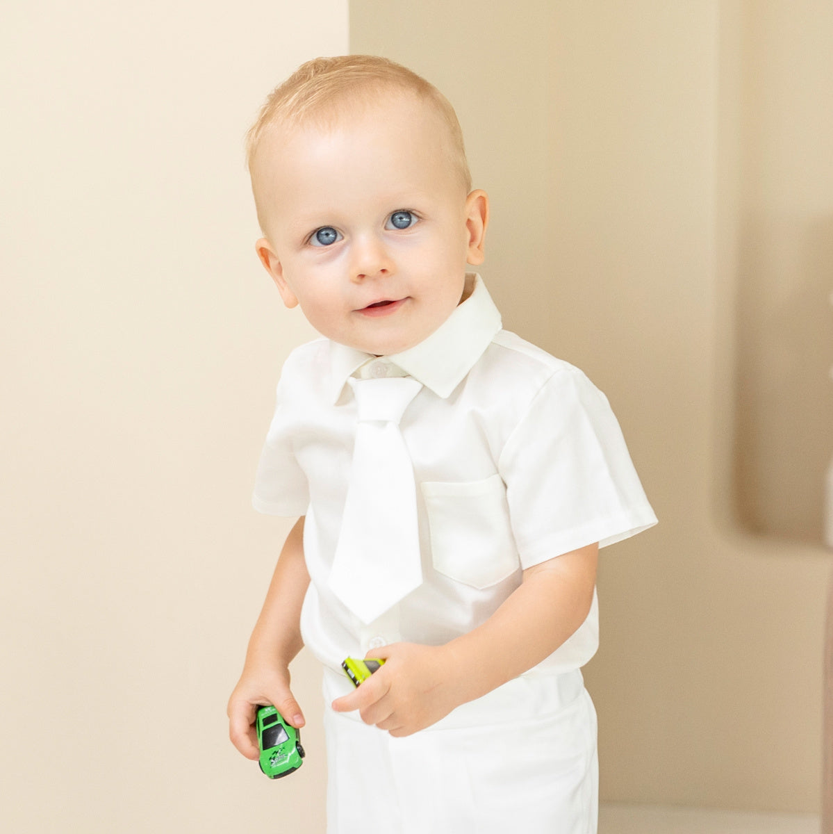 Baby Boys Shirt Bodysuit — White or Ivory Cotton, Long/Short Sleeve