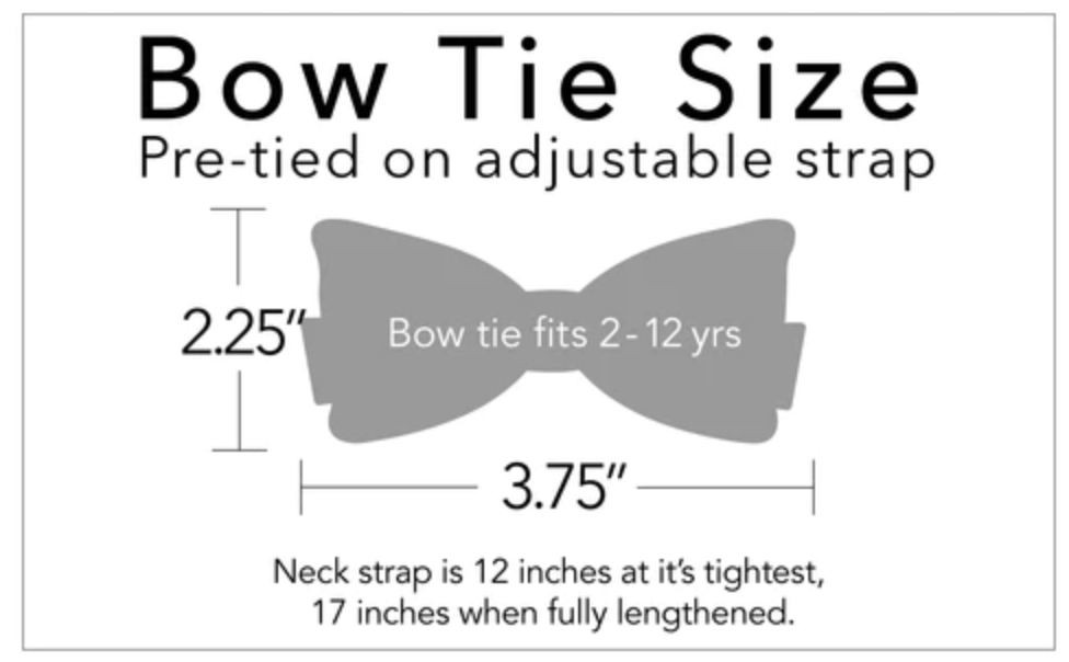 Measurement chart for a bow tie with dimensions and fitting information.
