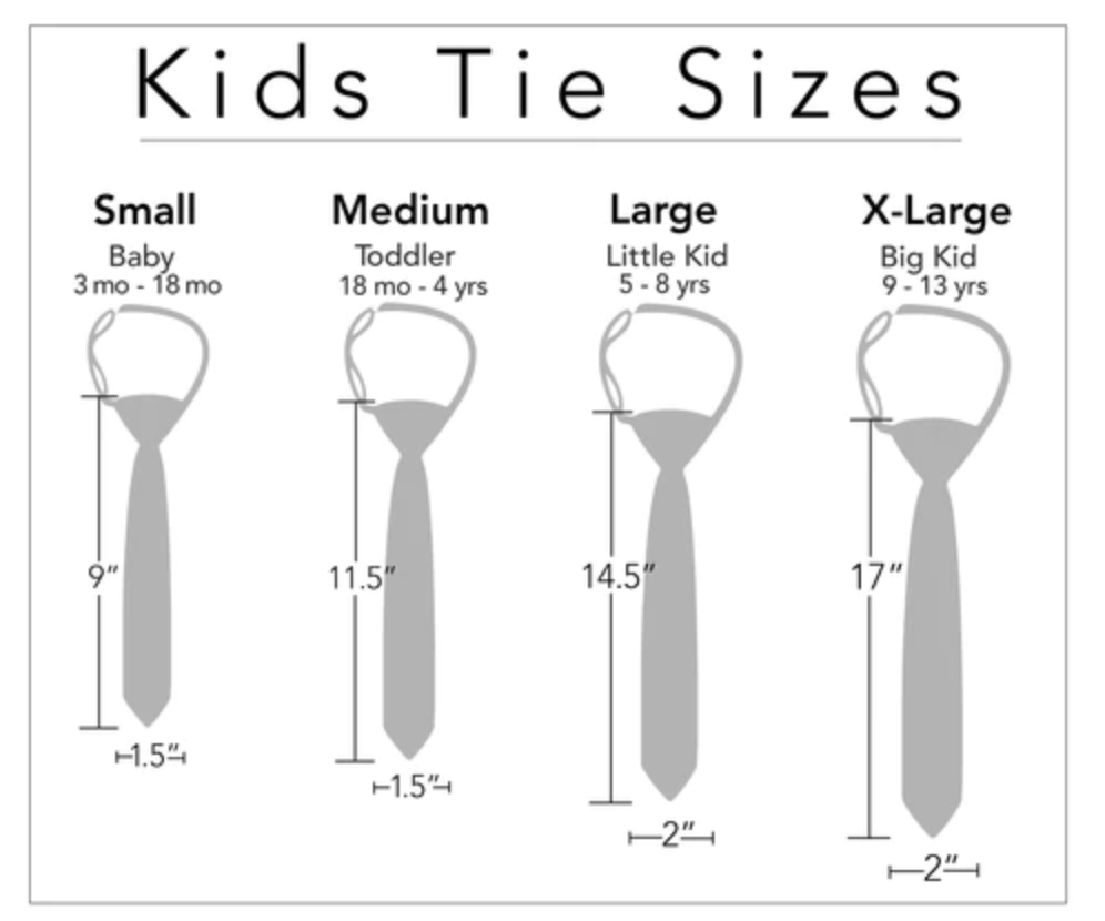 Chart showing different sizes of kids' ties with measurements.