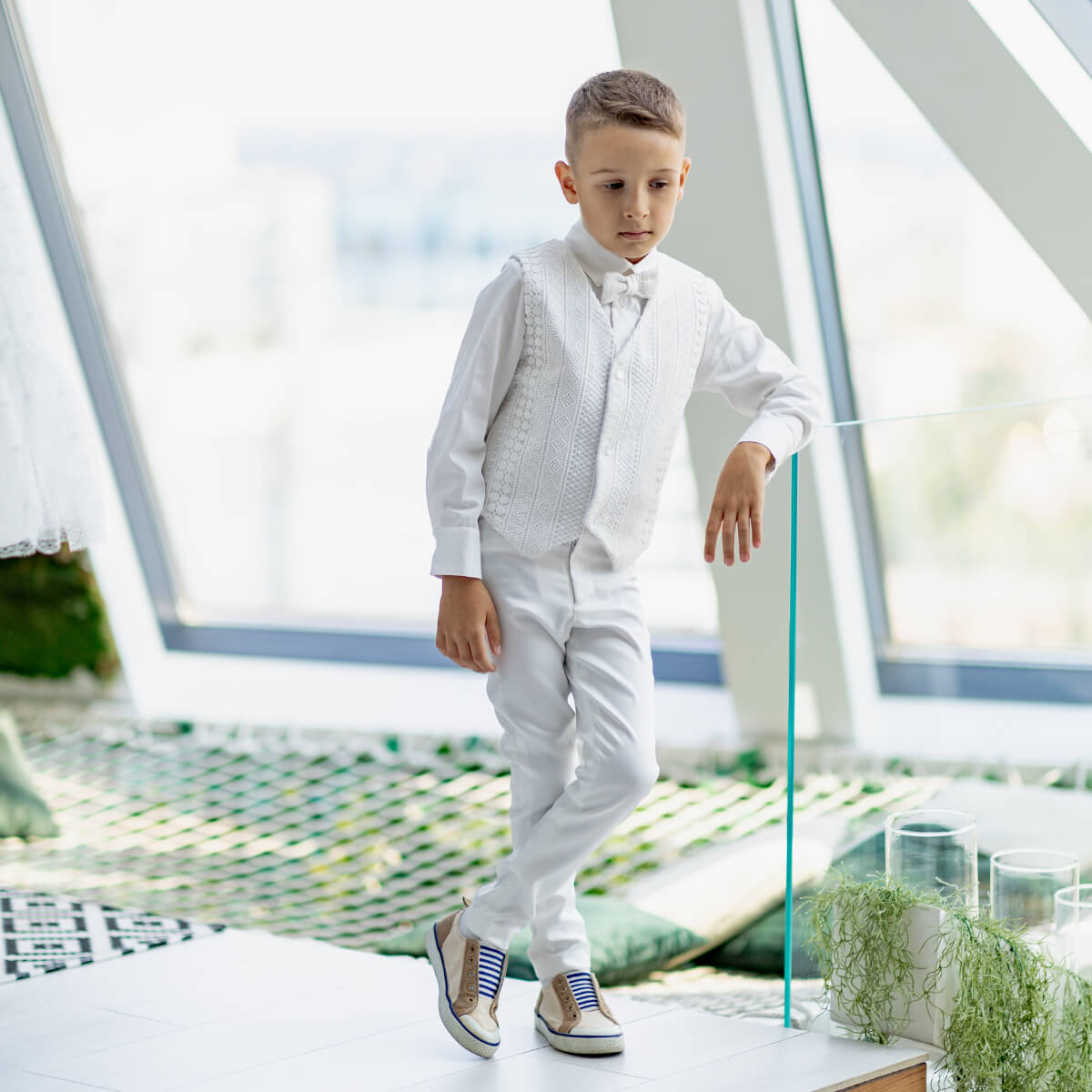 Boys White & Ivory Trousers, Satin Pants