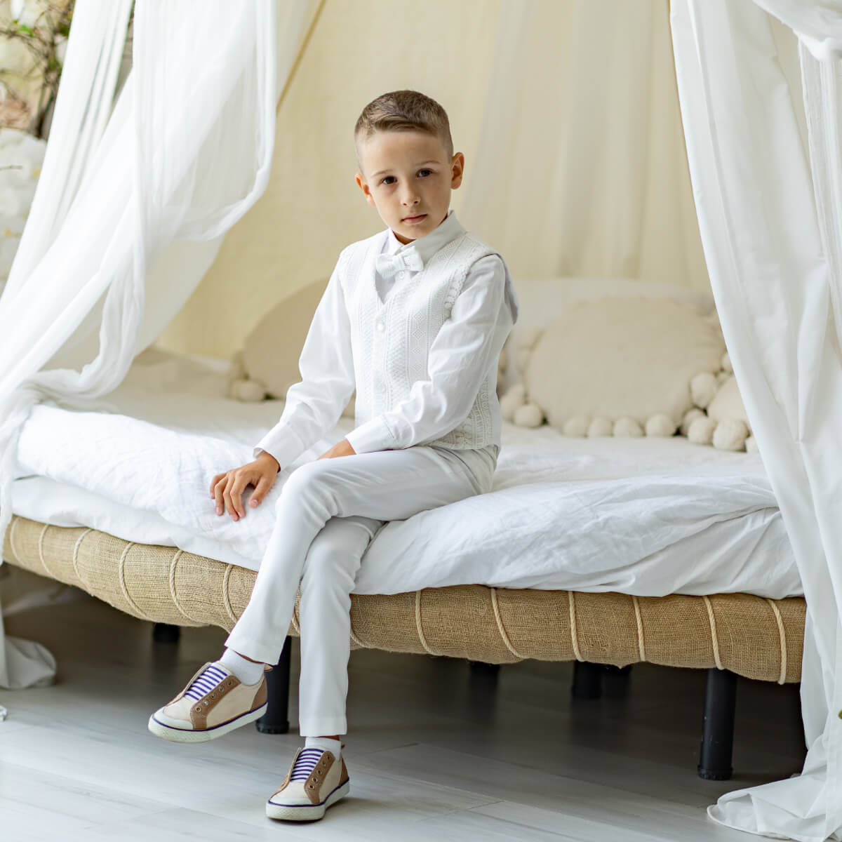 Boys White & Ivory Trousers, Satin Pants