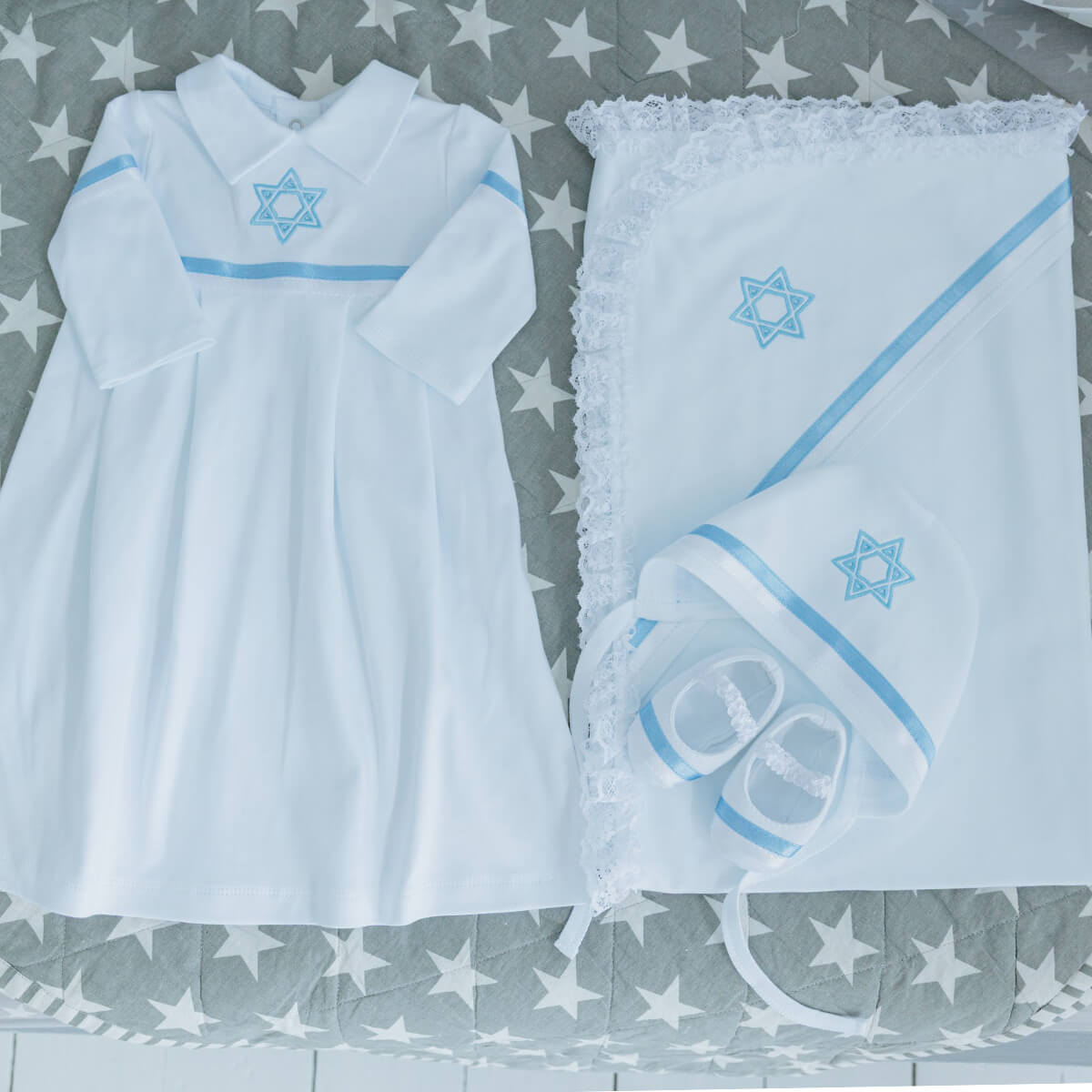 Brit Milah Set with Blanket – Baby Boy Gown, Hat & Booties with David Star