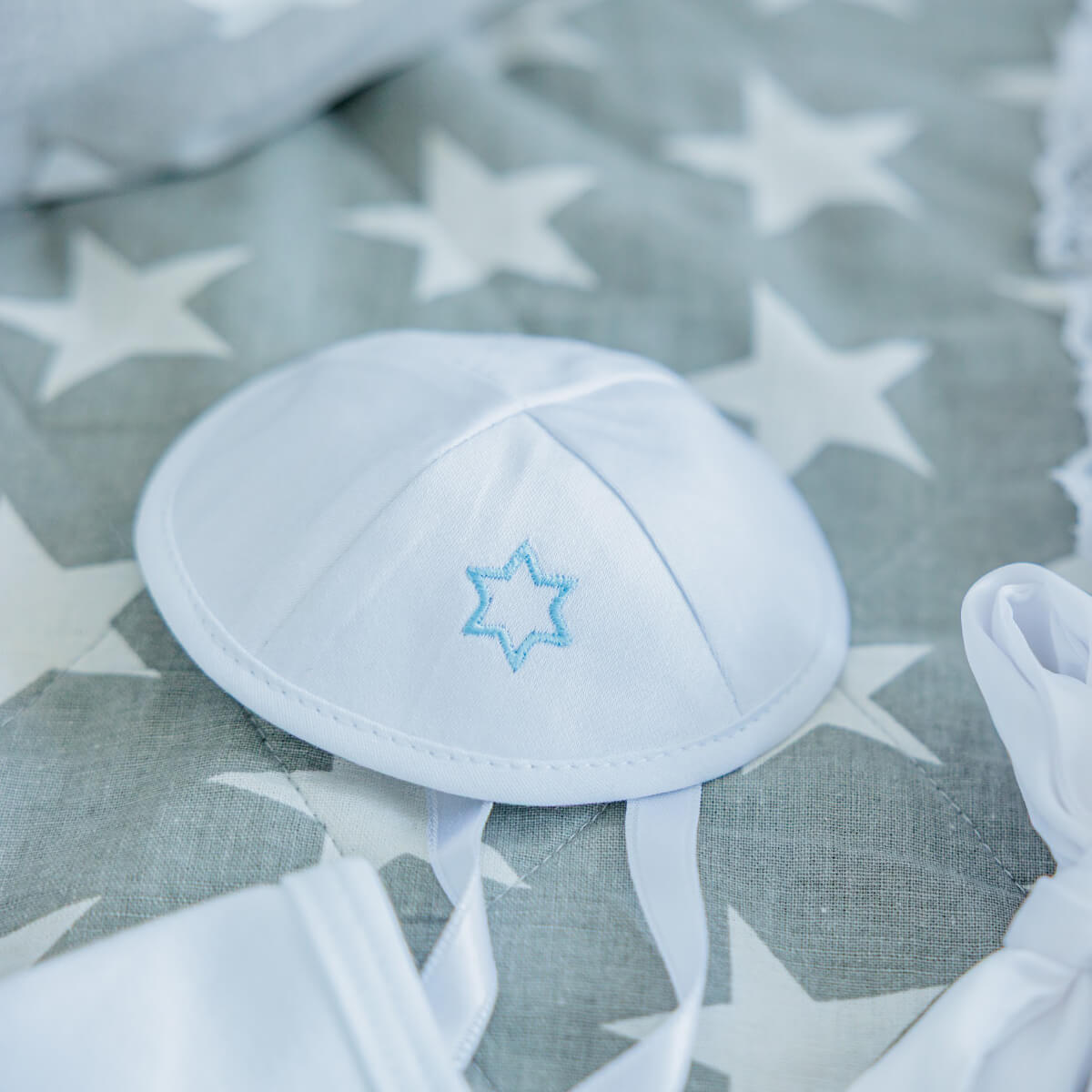 Brit Milah Set with Pillow, Bodysuit & Kippah – White with Blue Embroidery