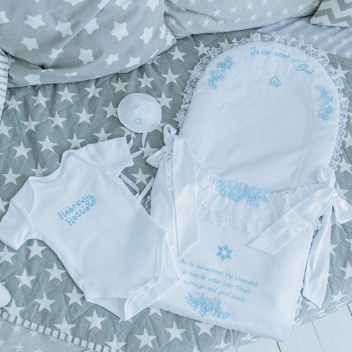 Brit Milah Set with Pillow, Bodysuit & Kippah – White with Blue Embroidery
