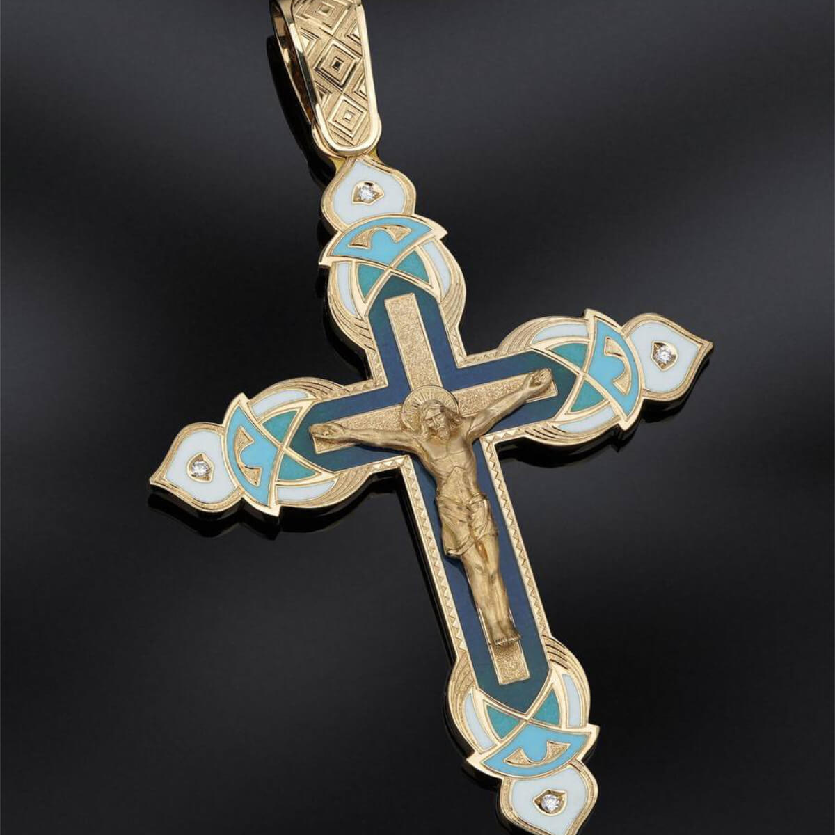 Classic Baptism Gold Cross – Handcrafted Crucifix Pendant with gold and blue details on a black background