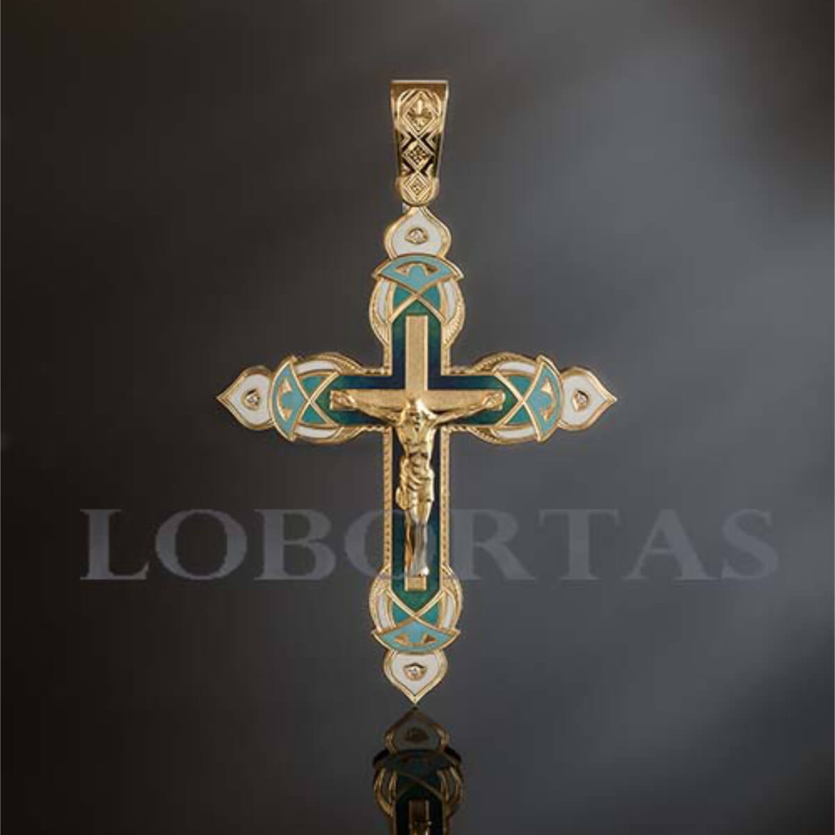 Gold and green cross pendant with Jesus Christ figure on a dark background, branded 'Lobortas'.