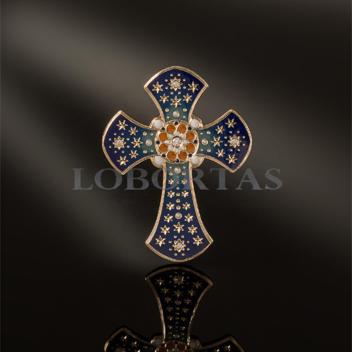 Decorative cross with blue and gold colors on a black background