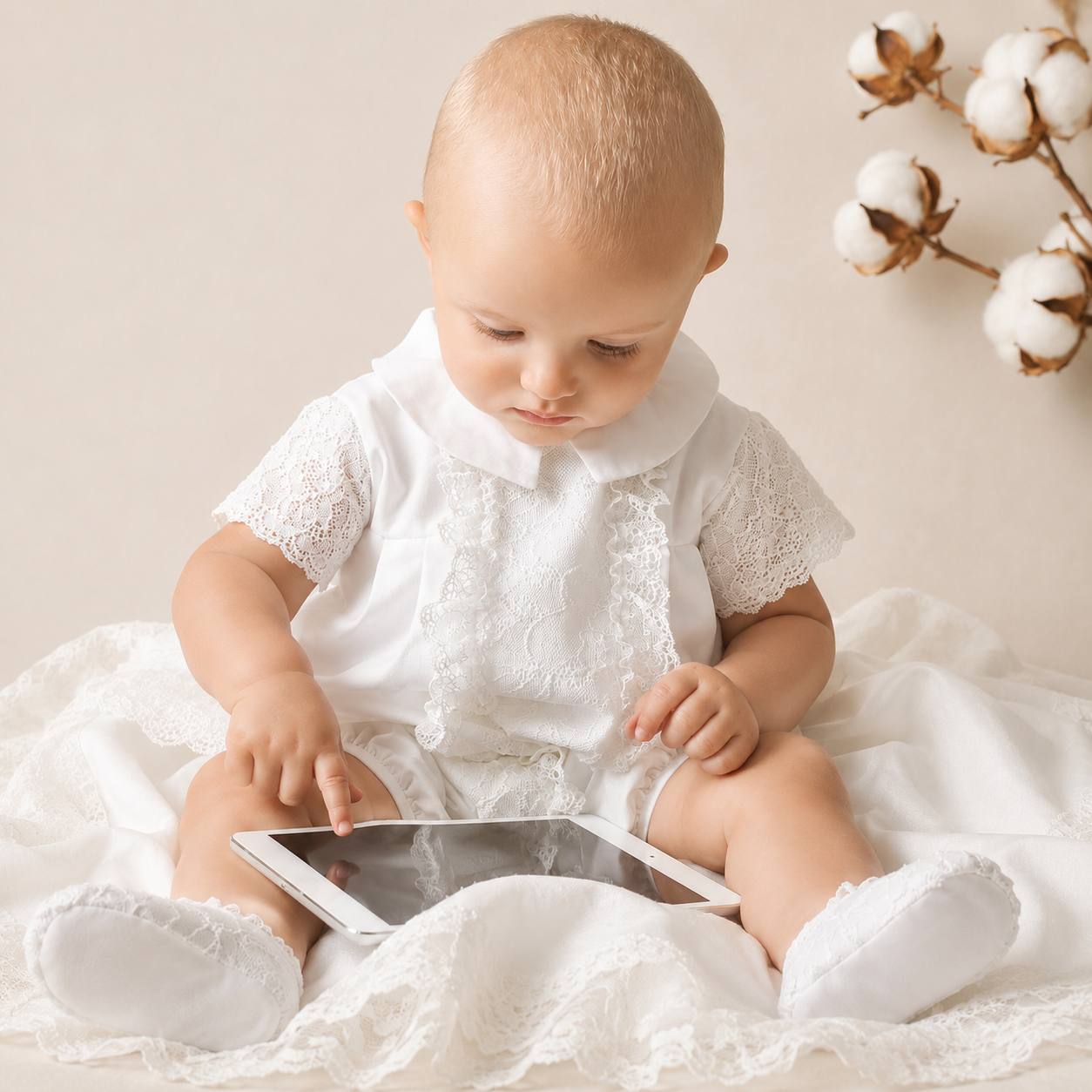 Baby in a white baptism romper sitting on a white blanket with a tablet.