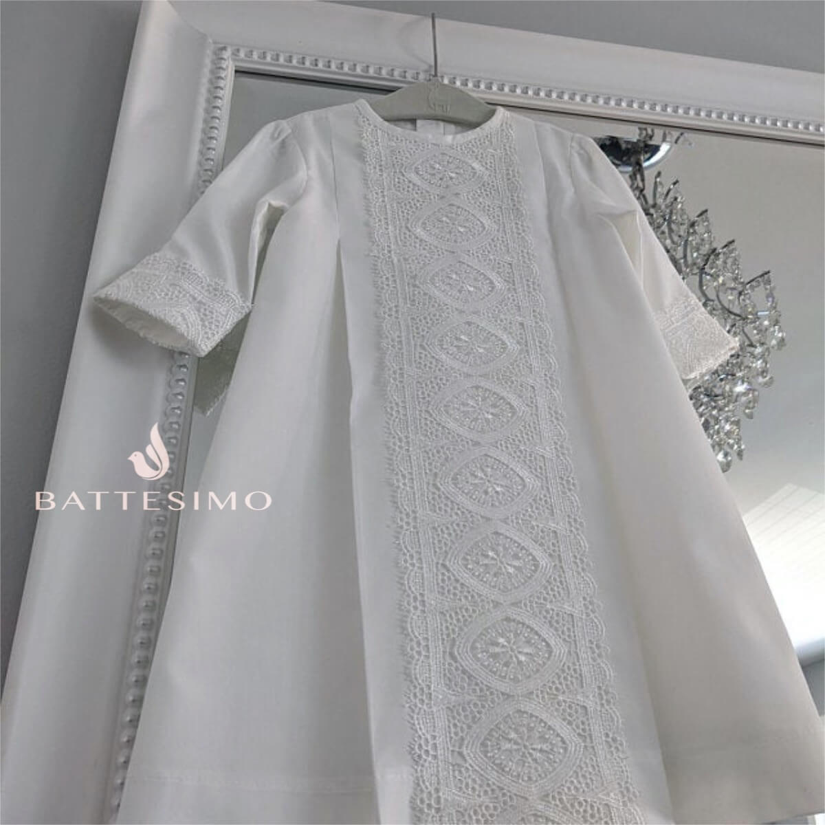  Baptism Gown for Boy on a hanger with 'Battesimo' branding.