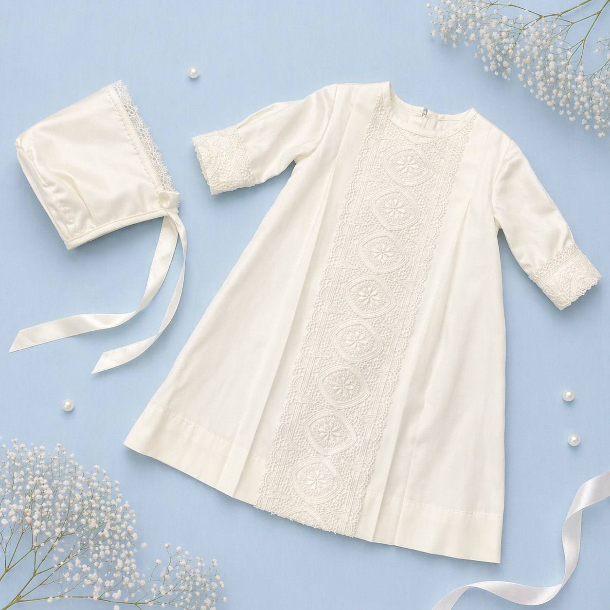 ELISHA Satin Christening Outfit – Baptism Gown with Hat, Shiny Fabric