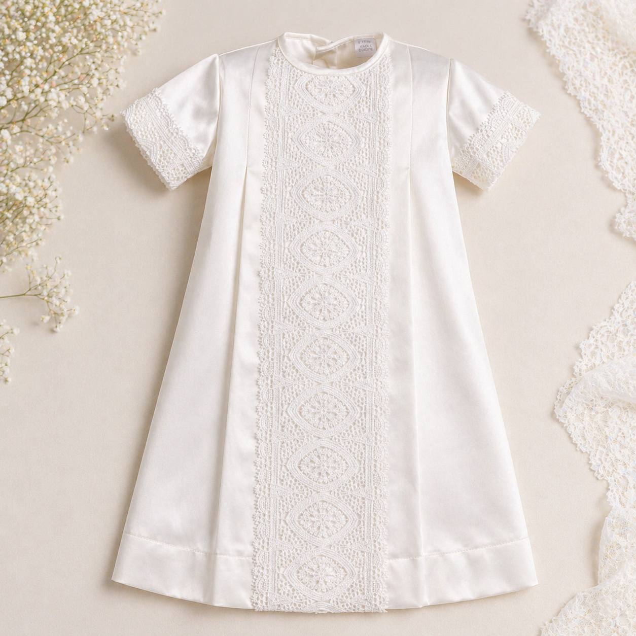ELISHA Satin Christening Outfit – Baptism Gown with Hat, Shiny Fabric