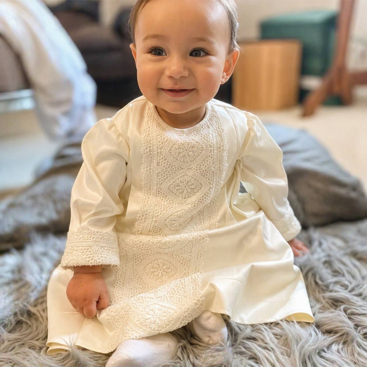 ELISHA Satin Christening Outfit – Baptism Gown with Hat, Shiny Fabric