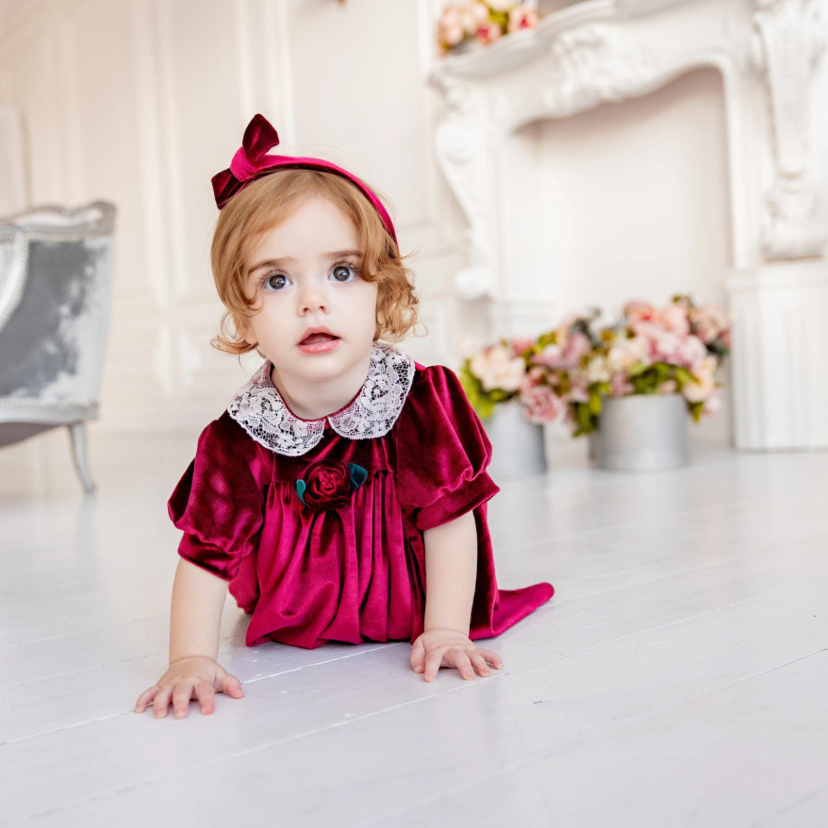 strapless open back dress Red Velvet Baby Dress – Holiday Outfit with Headband