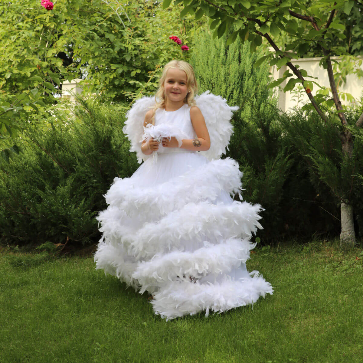 EMMA Luxury Feather Flower Girl Dress with Detachable Boa Train – Couture Dress