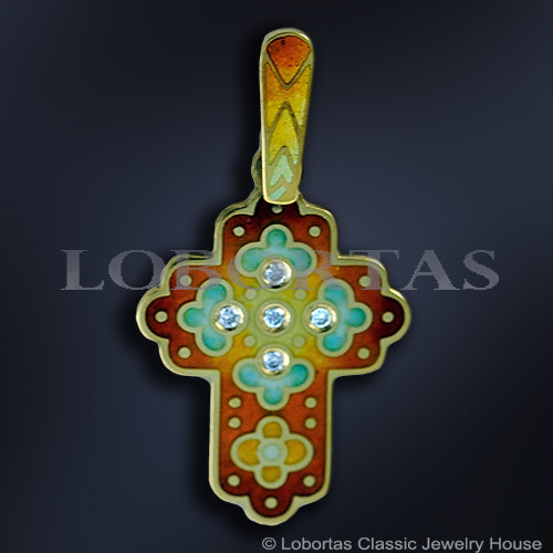 Colorful cross-shaped pendant with gemstones on a dark background, featuring the brand 'Loboritas'.