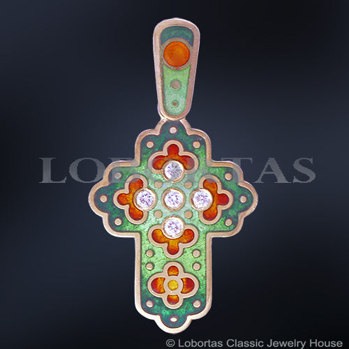 Decorative baby baptism cross pendant with colorful design on a dark background