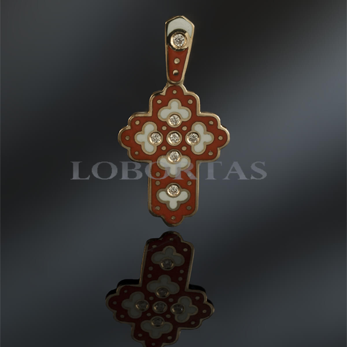 Decorative pendant with floral design and embedded stones on a dark background, branded 'LOBORITAS'.