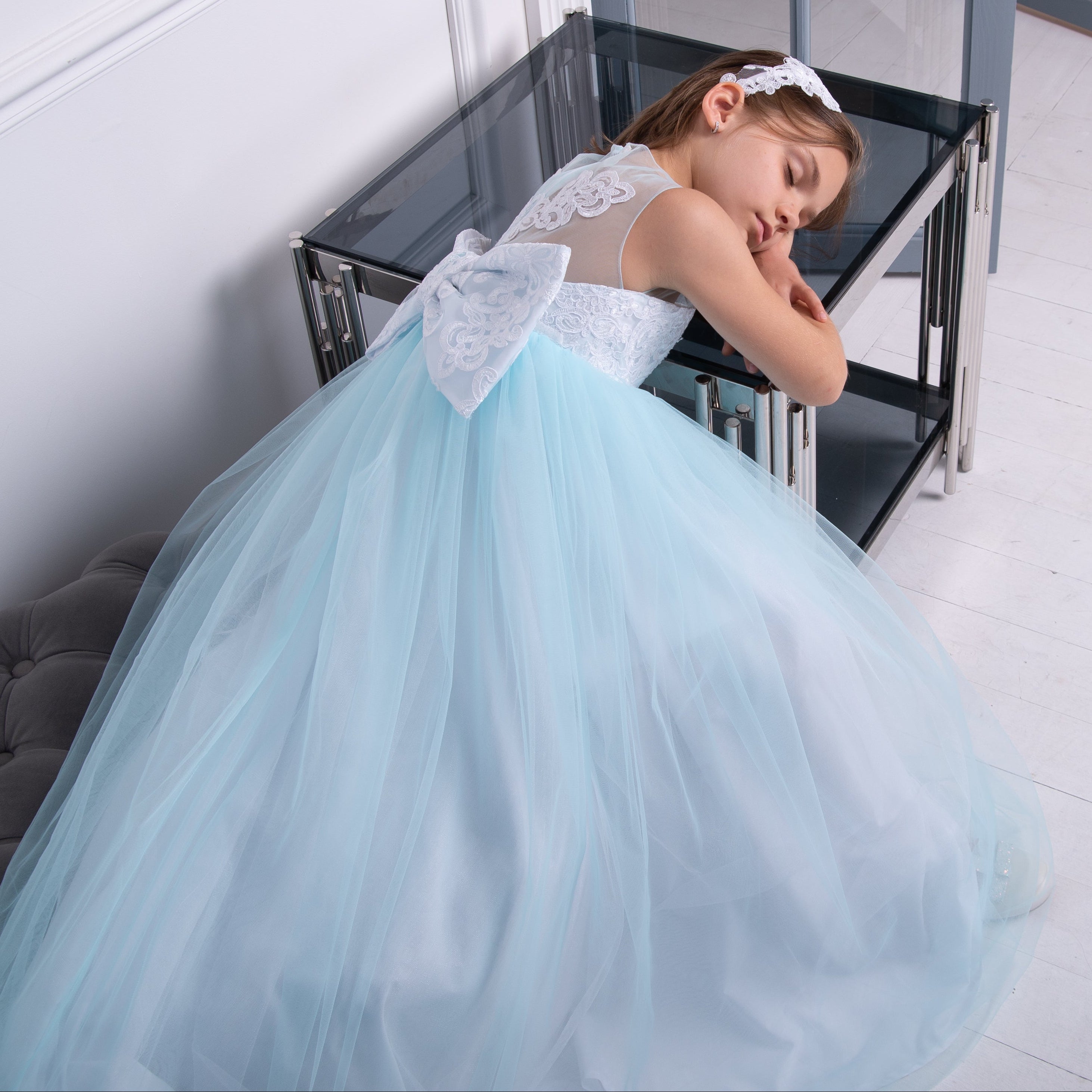 ELIZABETH  Luxury Flower Girl Dress with Detachable Train & Bow