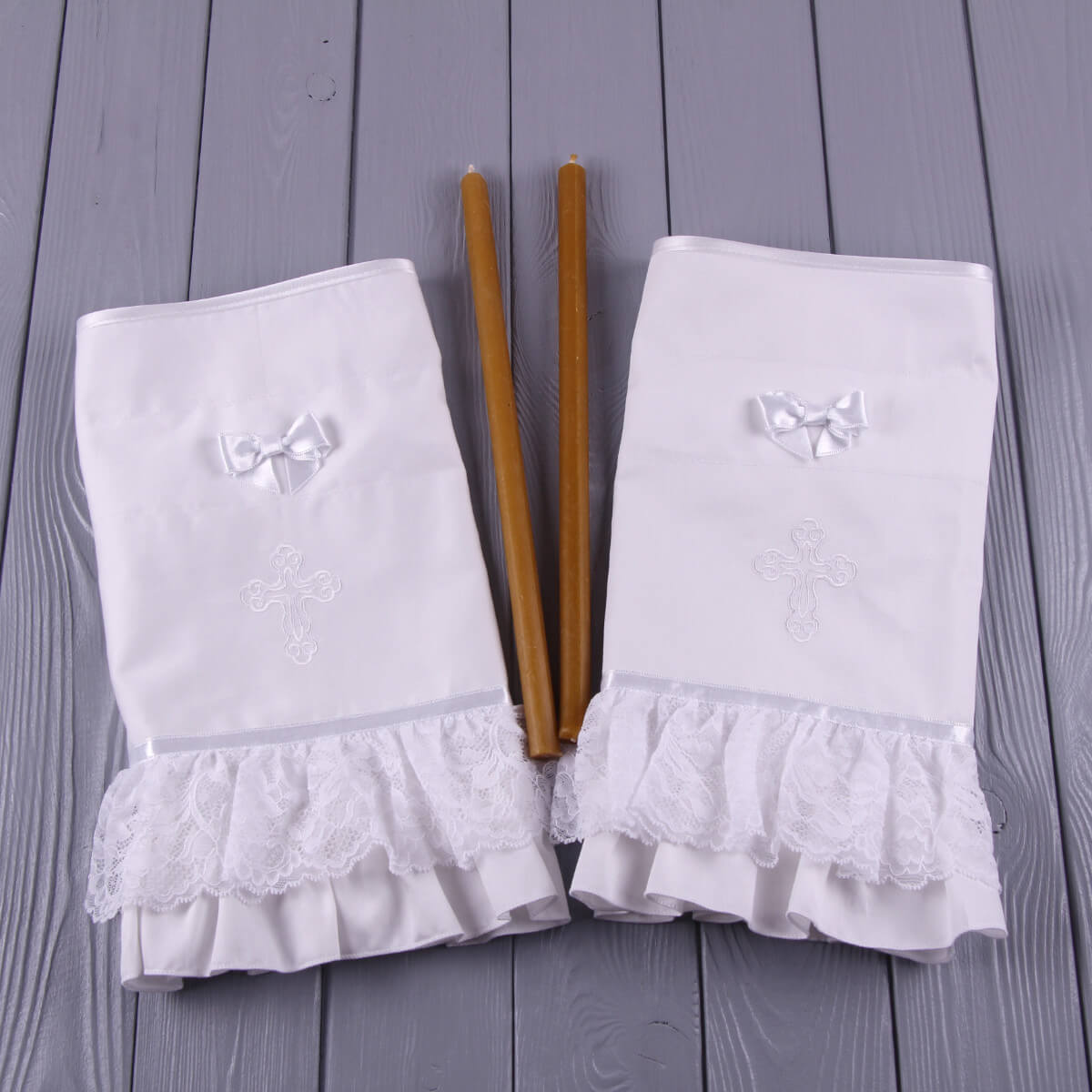 Candle Wraps with wooden chopsticks on a gray wooden surface