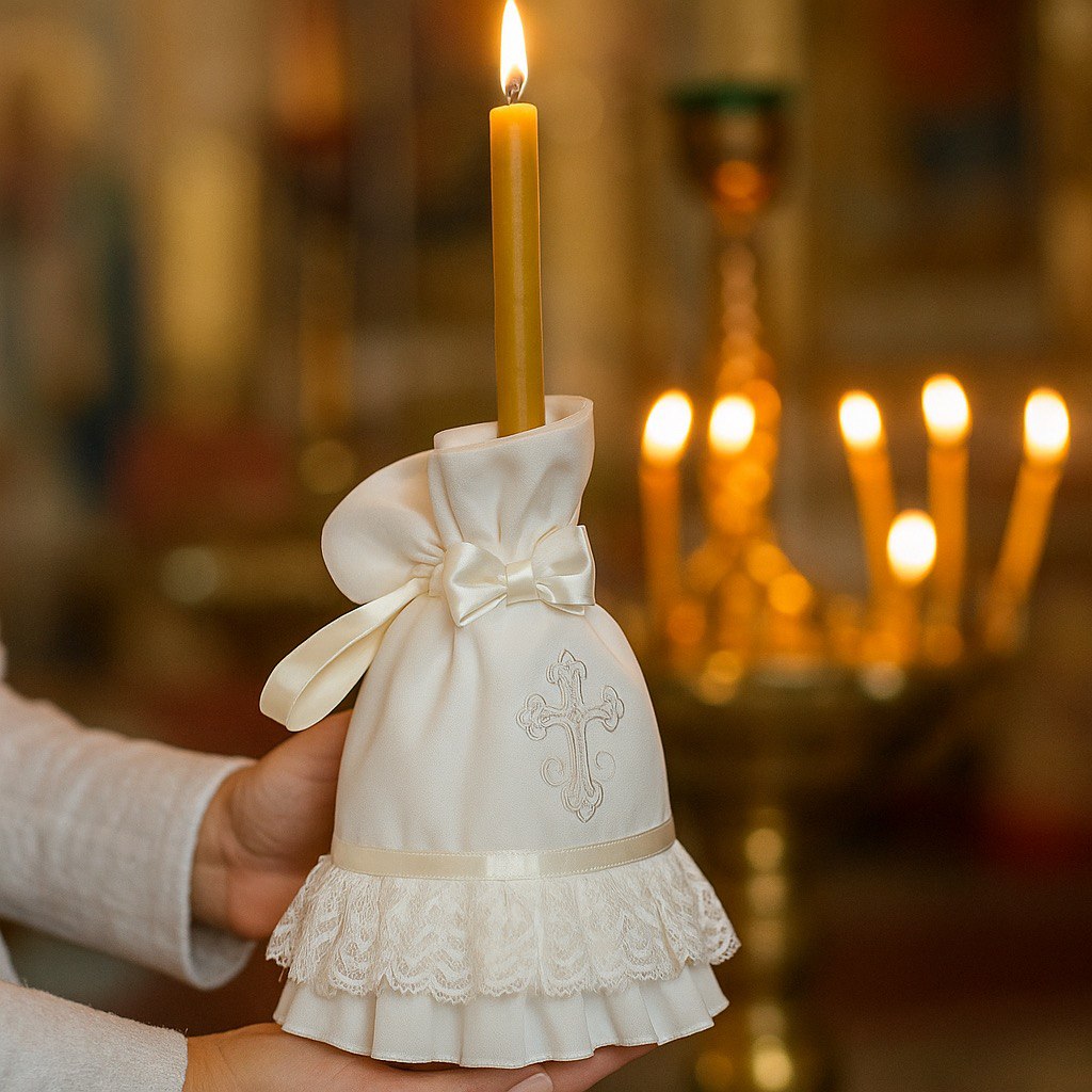 Candle Wrap with a cross design held by a person in a blurred church setting.