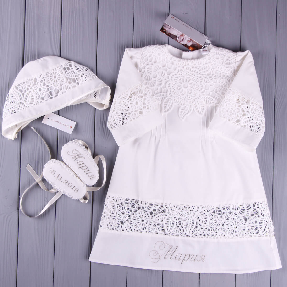  Baptism Gown for Baby Girl with matching headband and shoes on a wooden surface