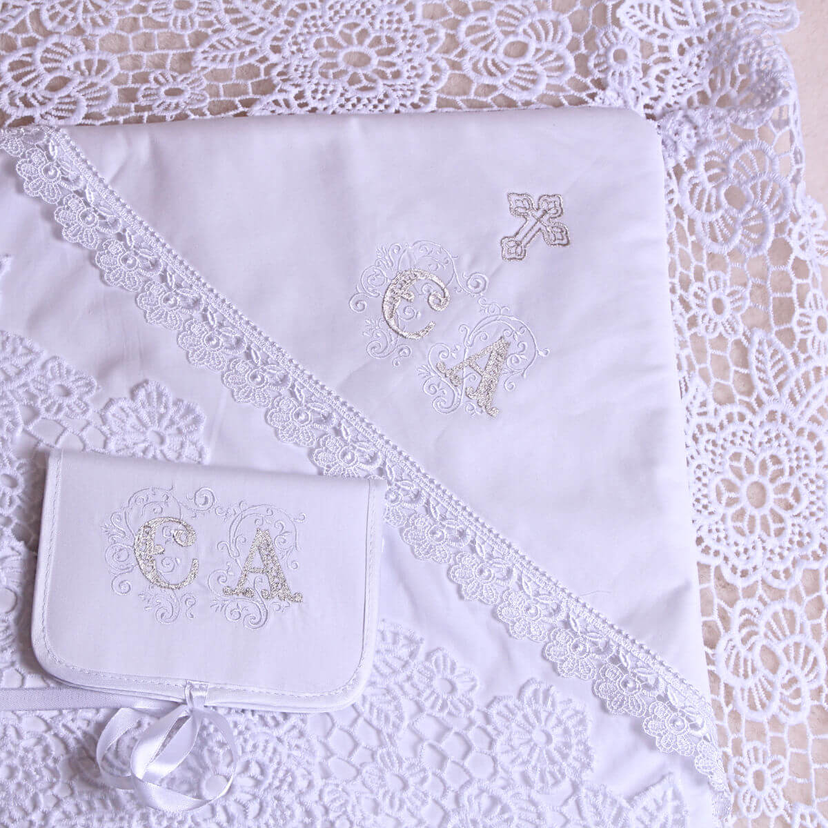White embroidered baby christening blanket with monogram and cross design on a lace background