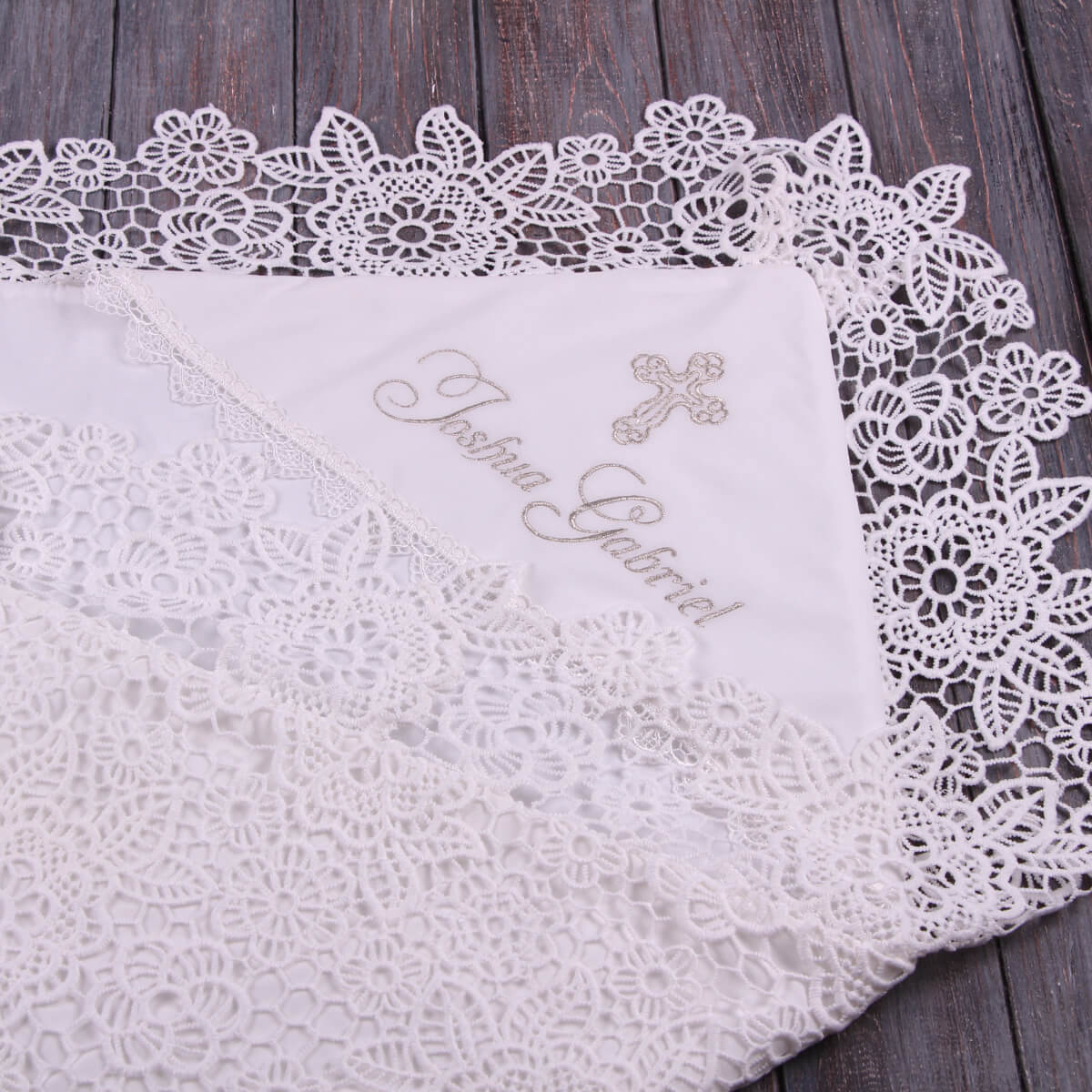 Lace-trimmed lace baptism blanket with embroidered name and cross on a wooden surface